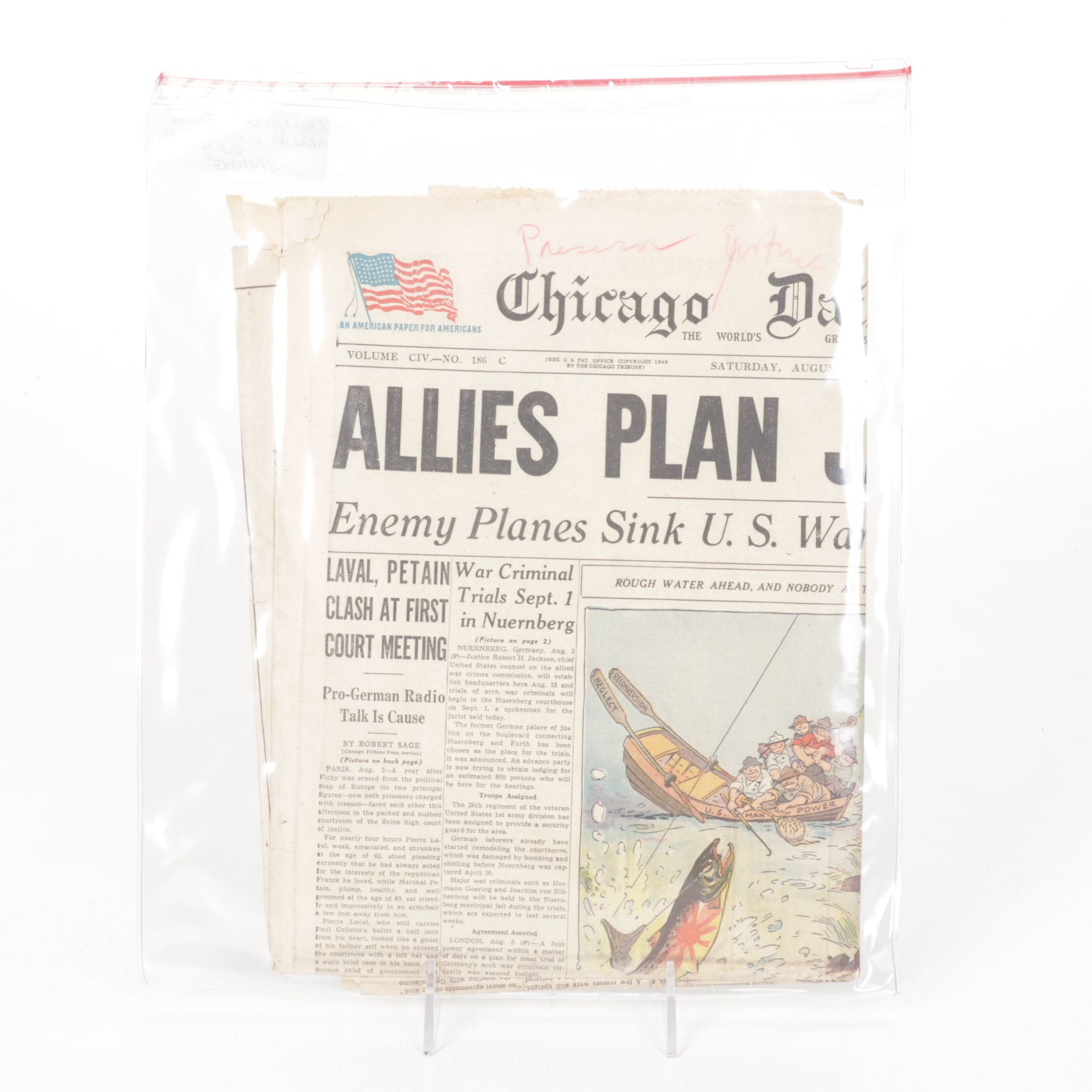 Chicago Tribune Newspapers with End of World War 2 Pacific Theater, 1945