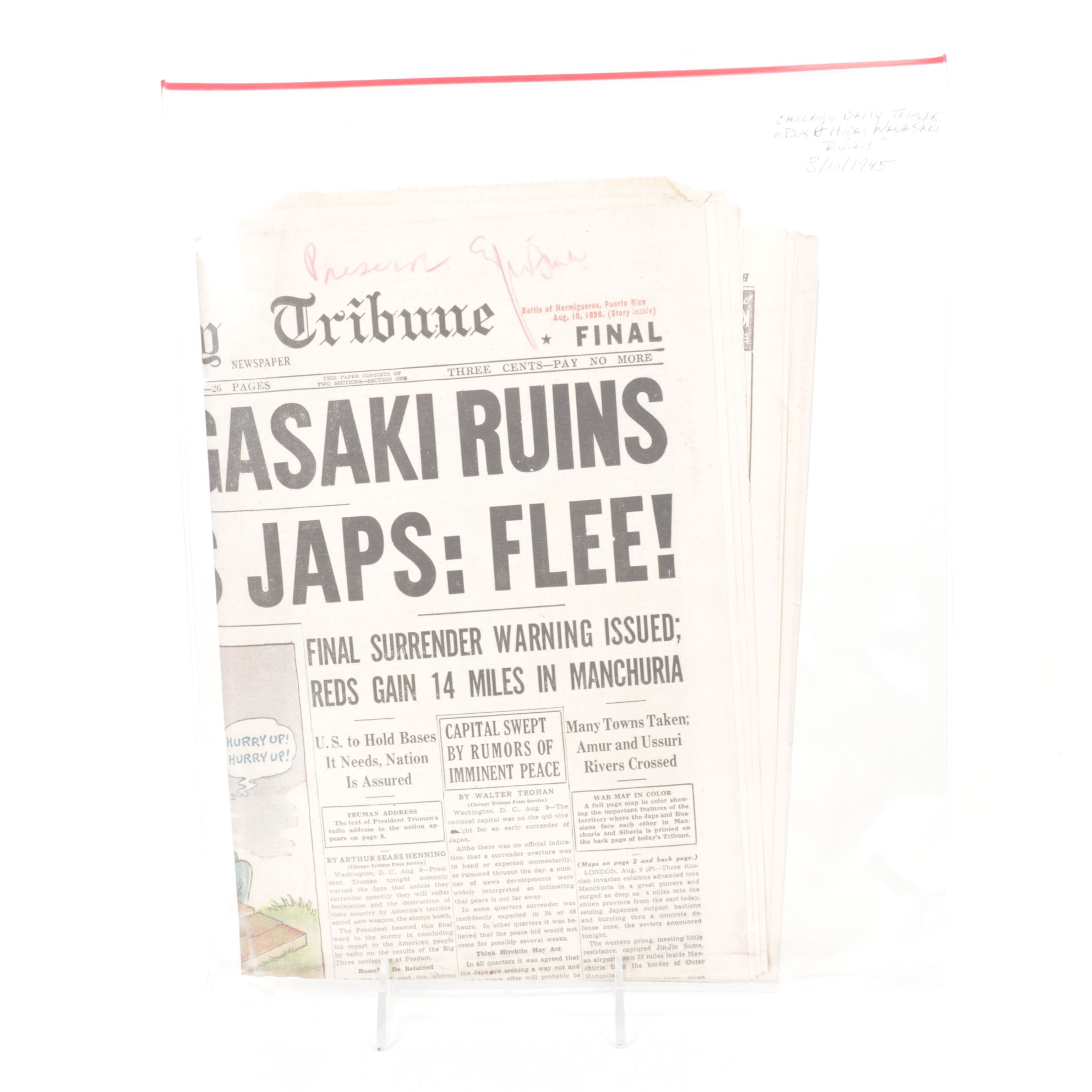 Chicago Tribune Newspapers with End of World War 2 Pacific Theater, 1945