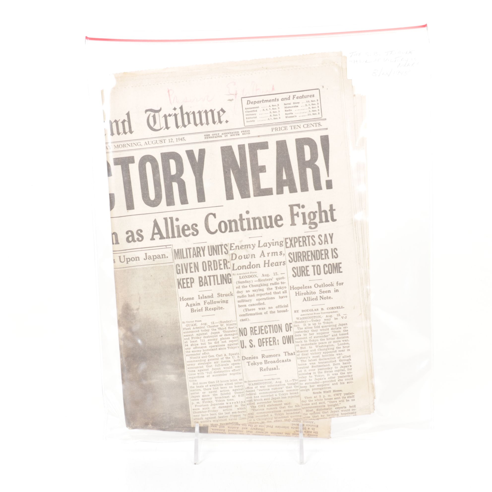 Chicago Tribune Newspapers with End of World War 2 Pacific Theater, 1945