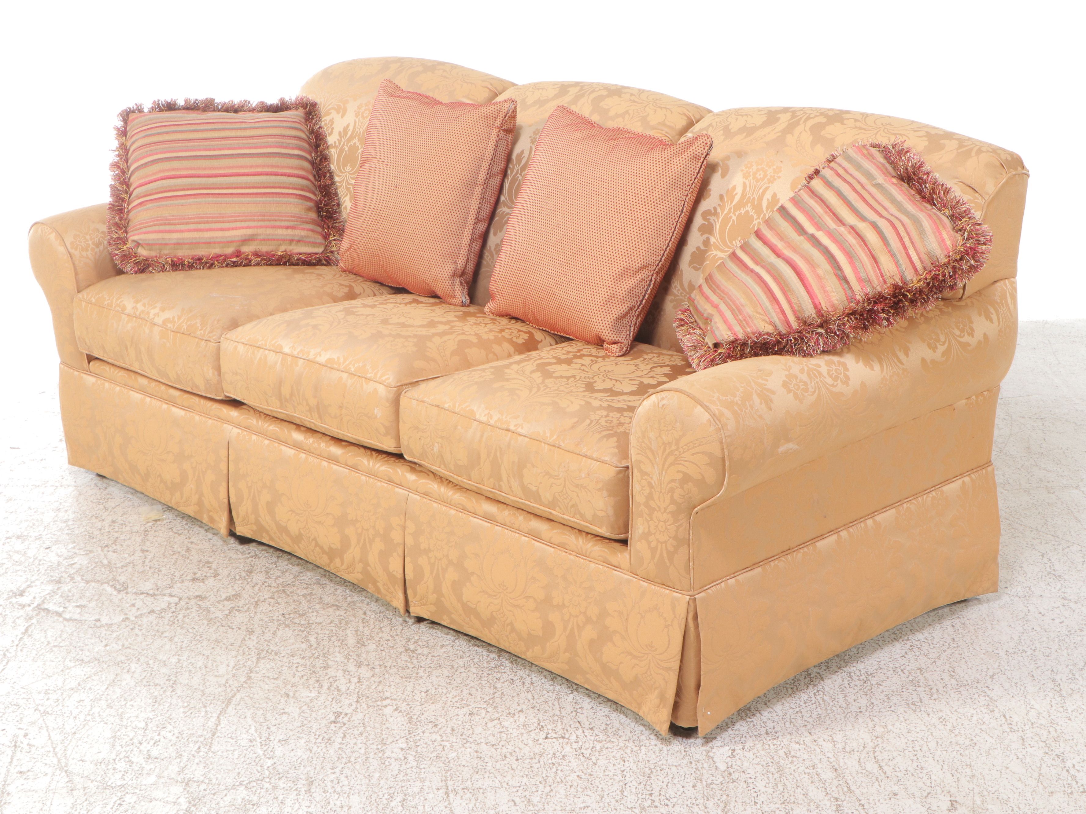 Bassett Damask Upholstered Sofa with Accent Pillows