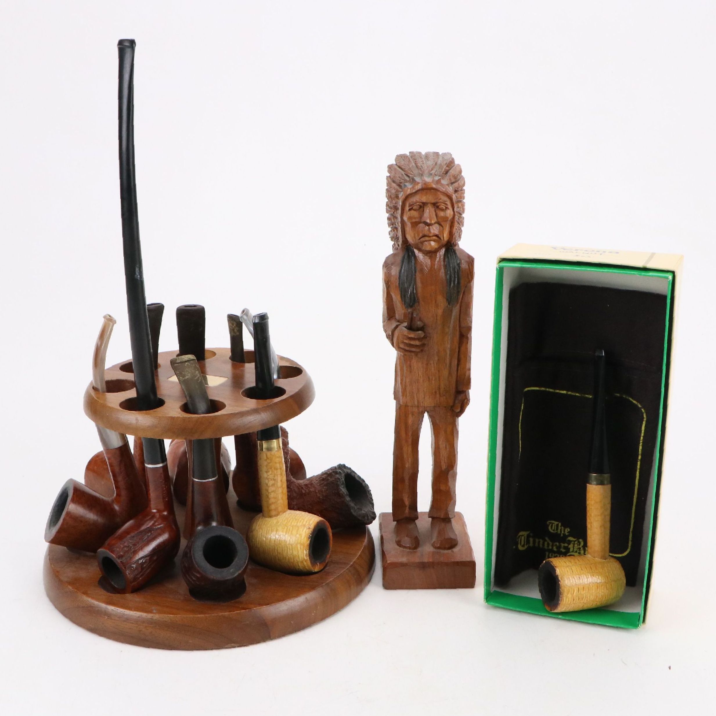 John Cowden Signed Carving with Walnut Pipe Stand, Corncob and Other Pipes