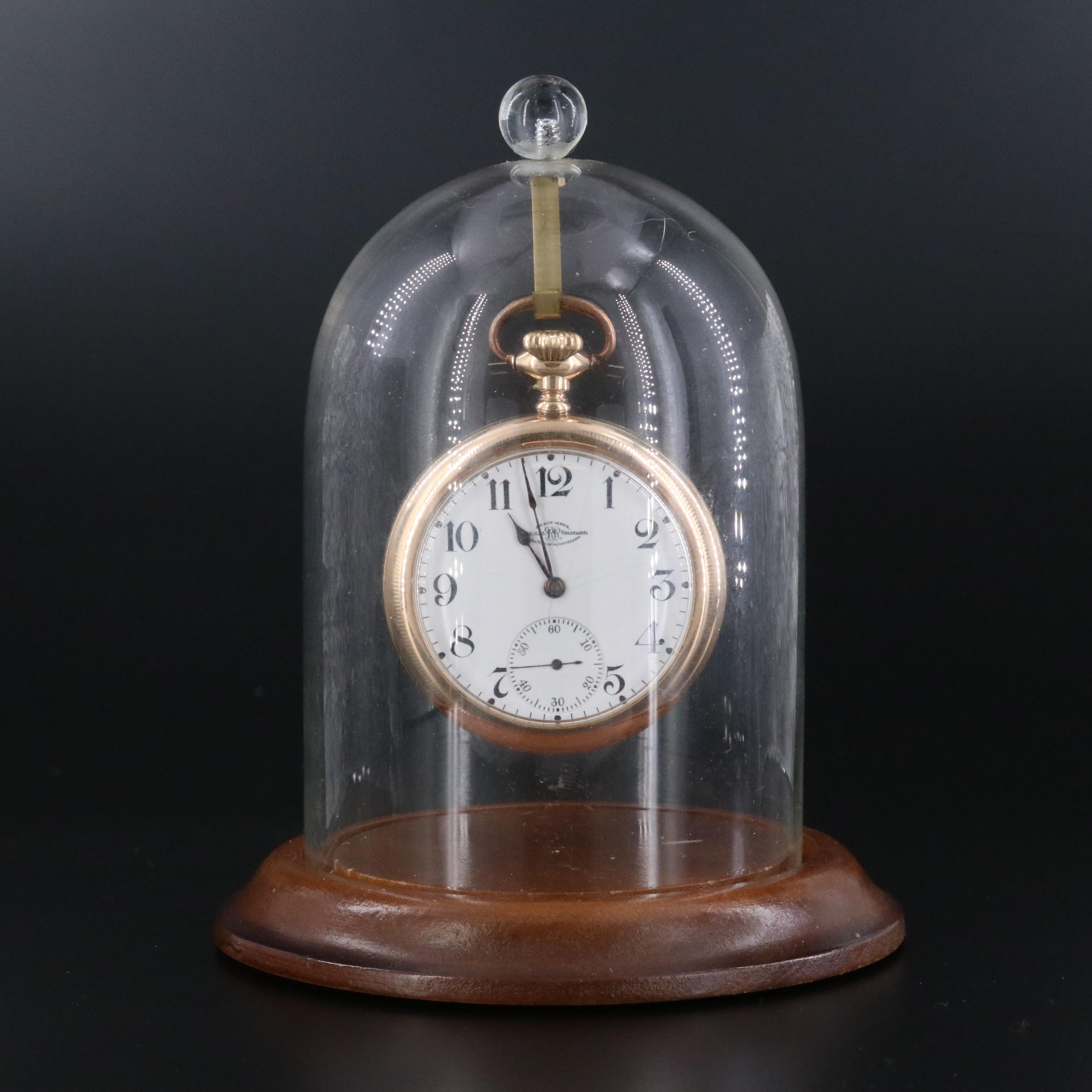 Ball Watch Co. Gold Filled Pocket Watch and Chain with Glass Dome Stand