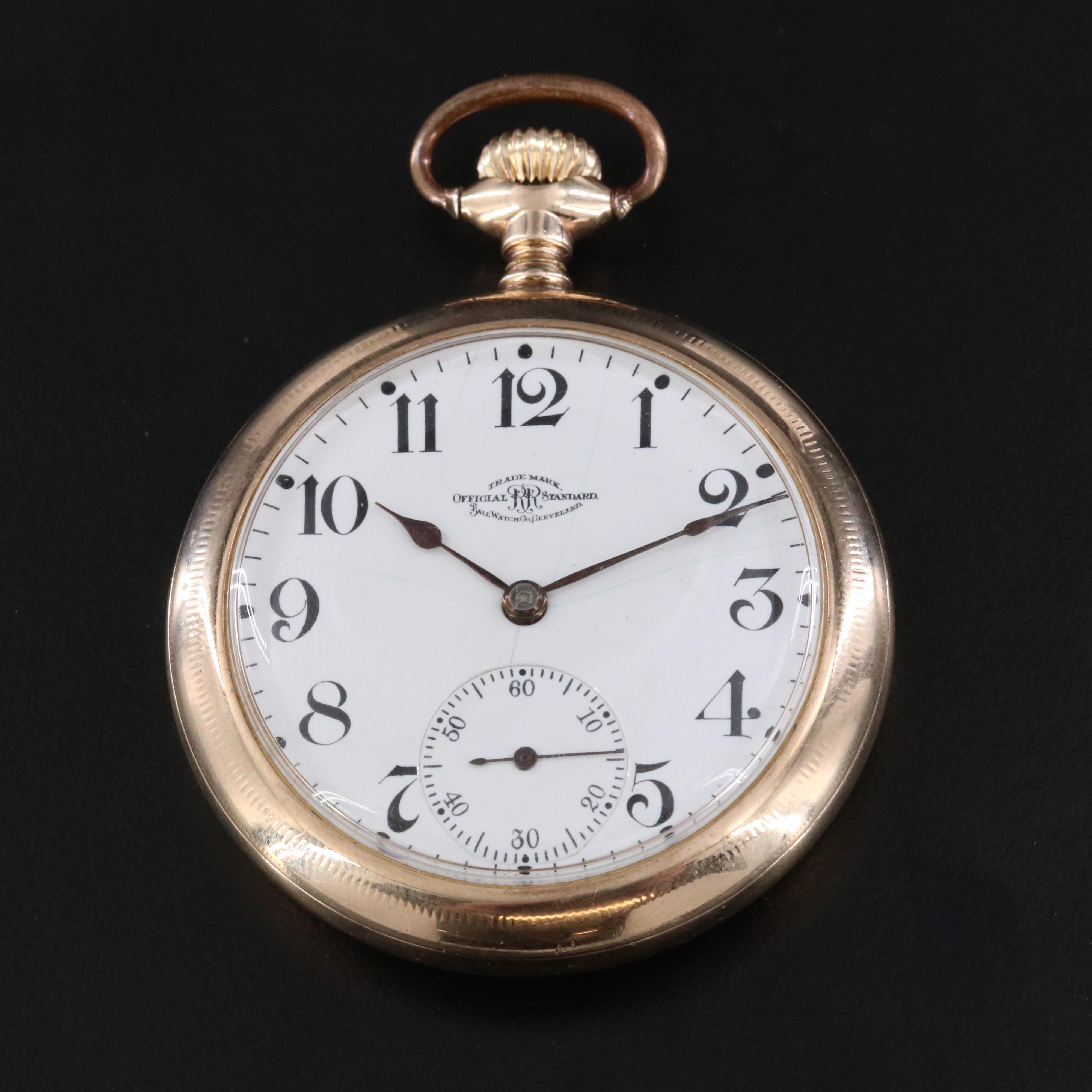 Ball Watch Co. Gold Filled Pocket Watch and Chain with Glass Dome Stand