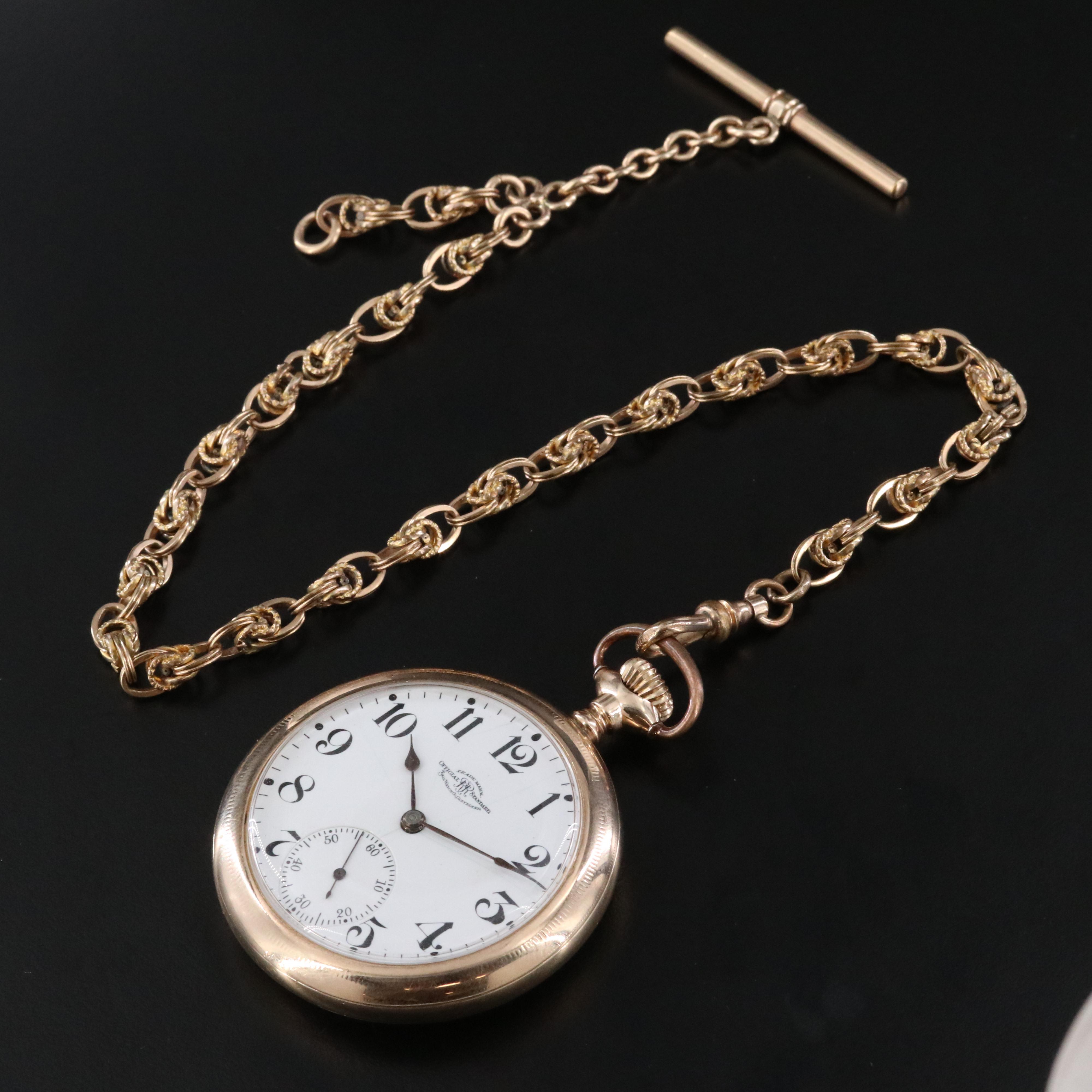 Ball Watch Co. Gold Filled Pocket Watch and Chain with Glass Dome Stand