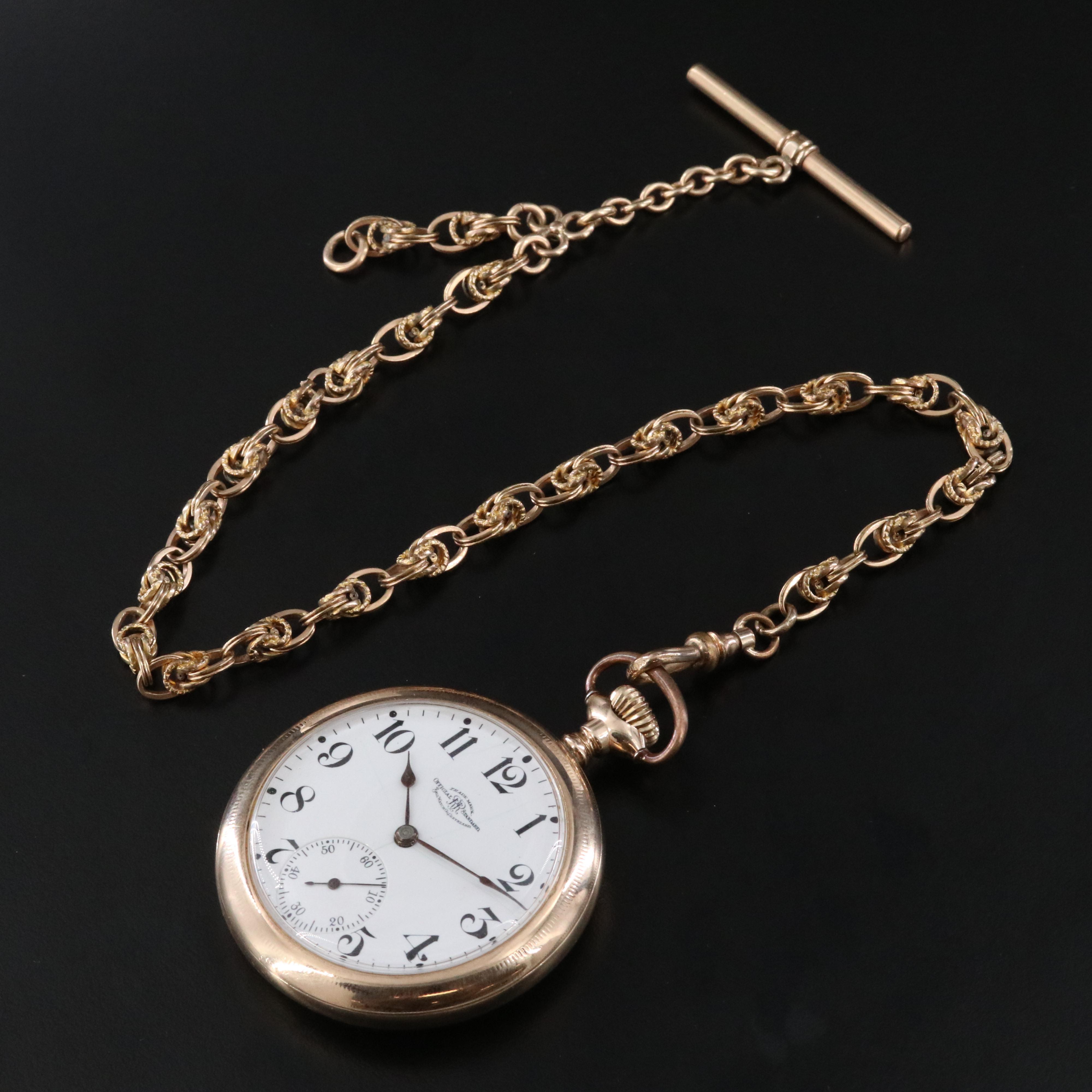 Ball Watch Co. Gold Filled Pocket Watch and Chain with Glass Dome Stand
