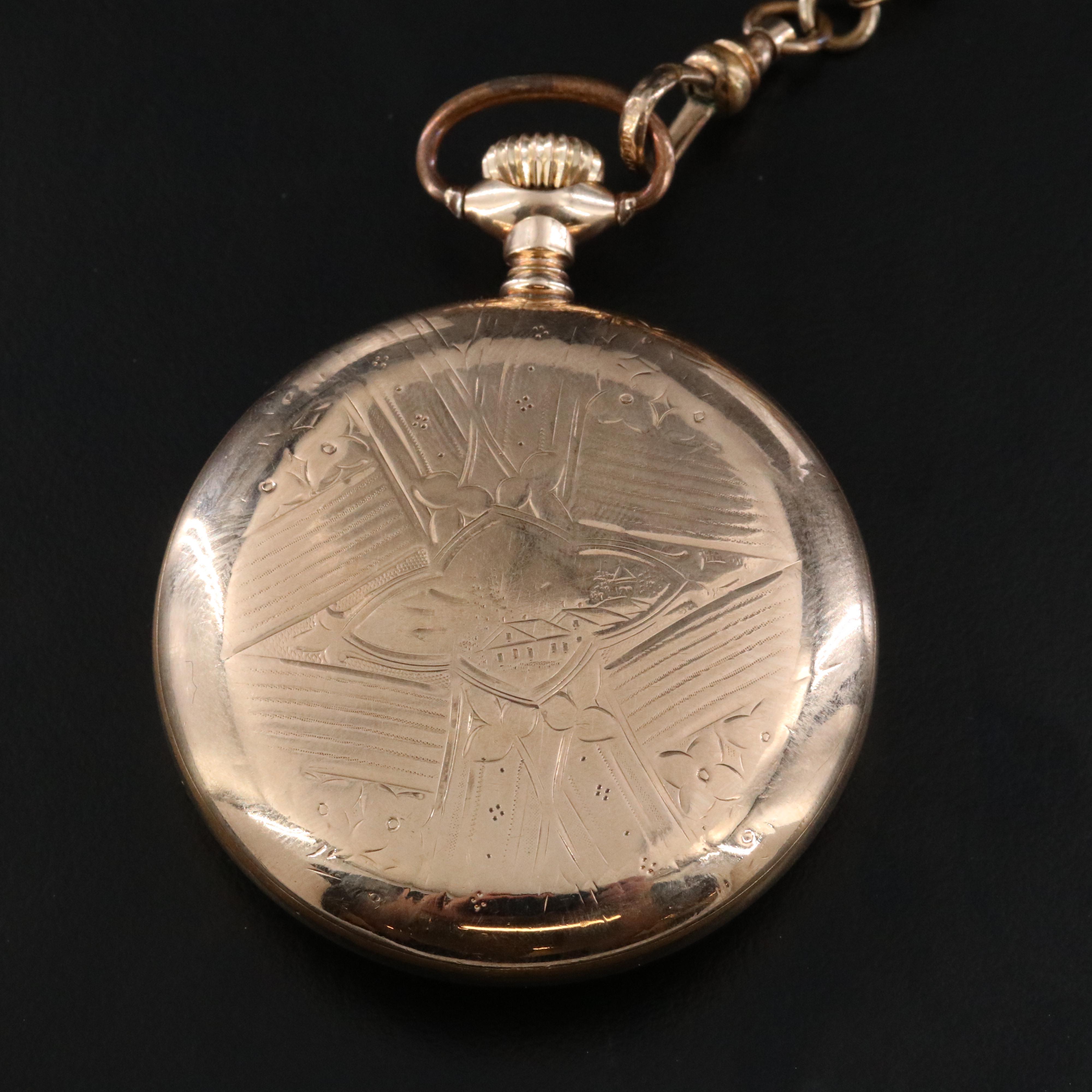 Ball Watch Co. Gold Filled Pocket Watch and Chain with Glass Dome Stand
