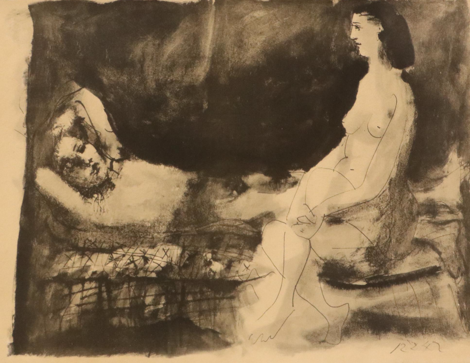 Lithograph After Pablo Picasso "Homme Couche et Femme Assise," Late 20th Century