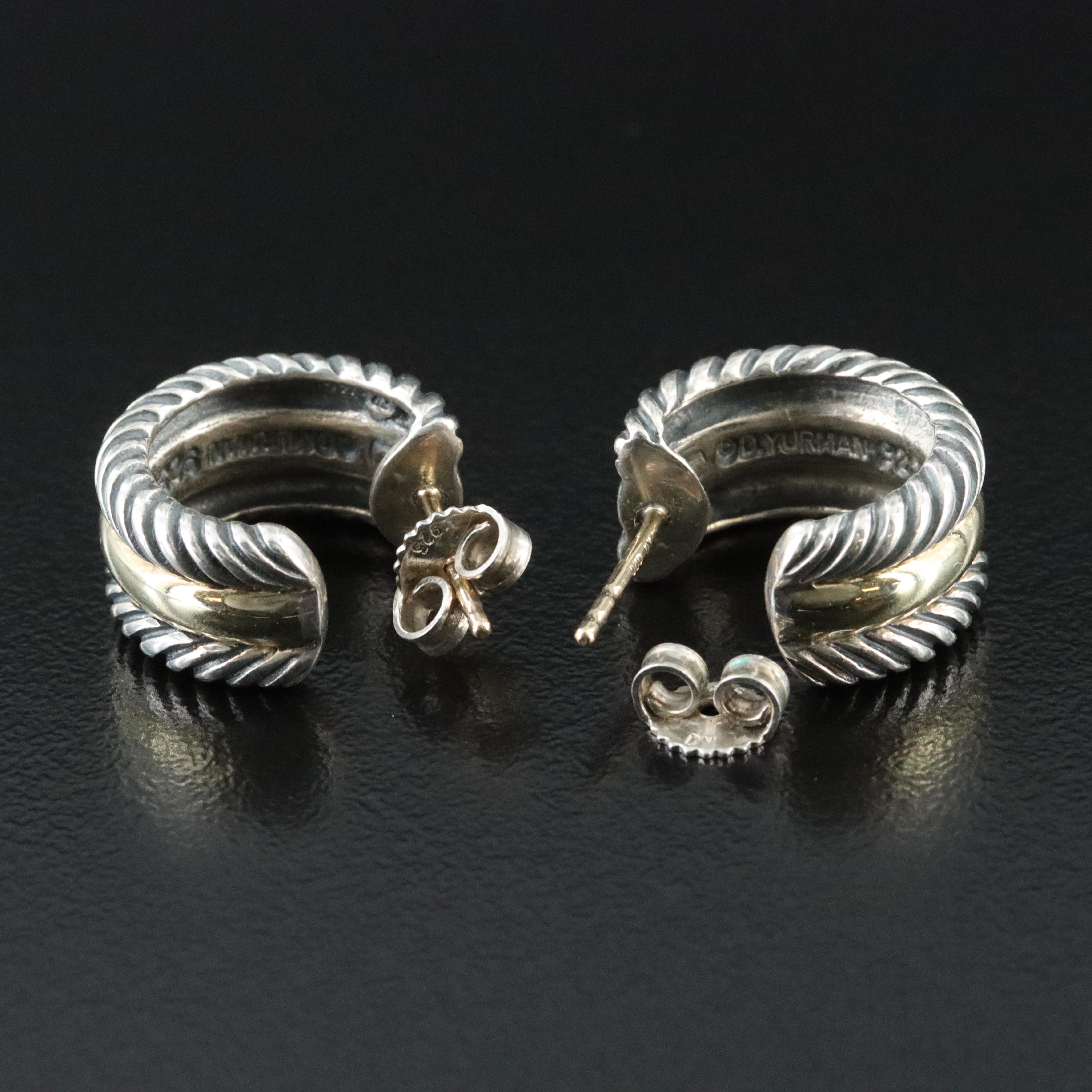 David Yurman Sterling and 14K Cable Collectibles Hoop Earrings