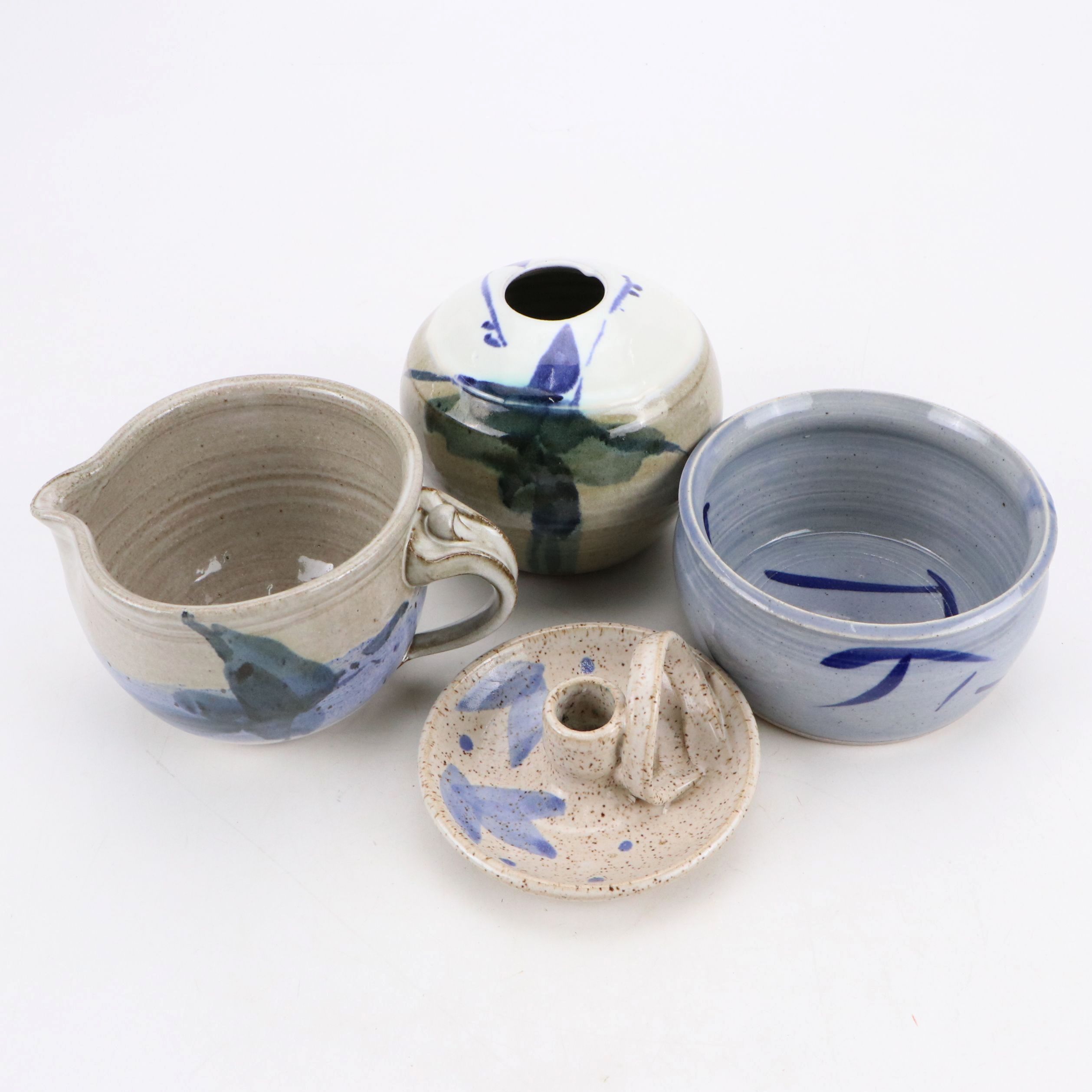 Studio Art Pottery Stoneware Vase with Chamberstick, Bowl, and Creamer