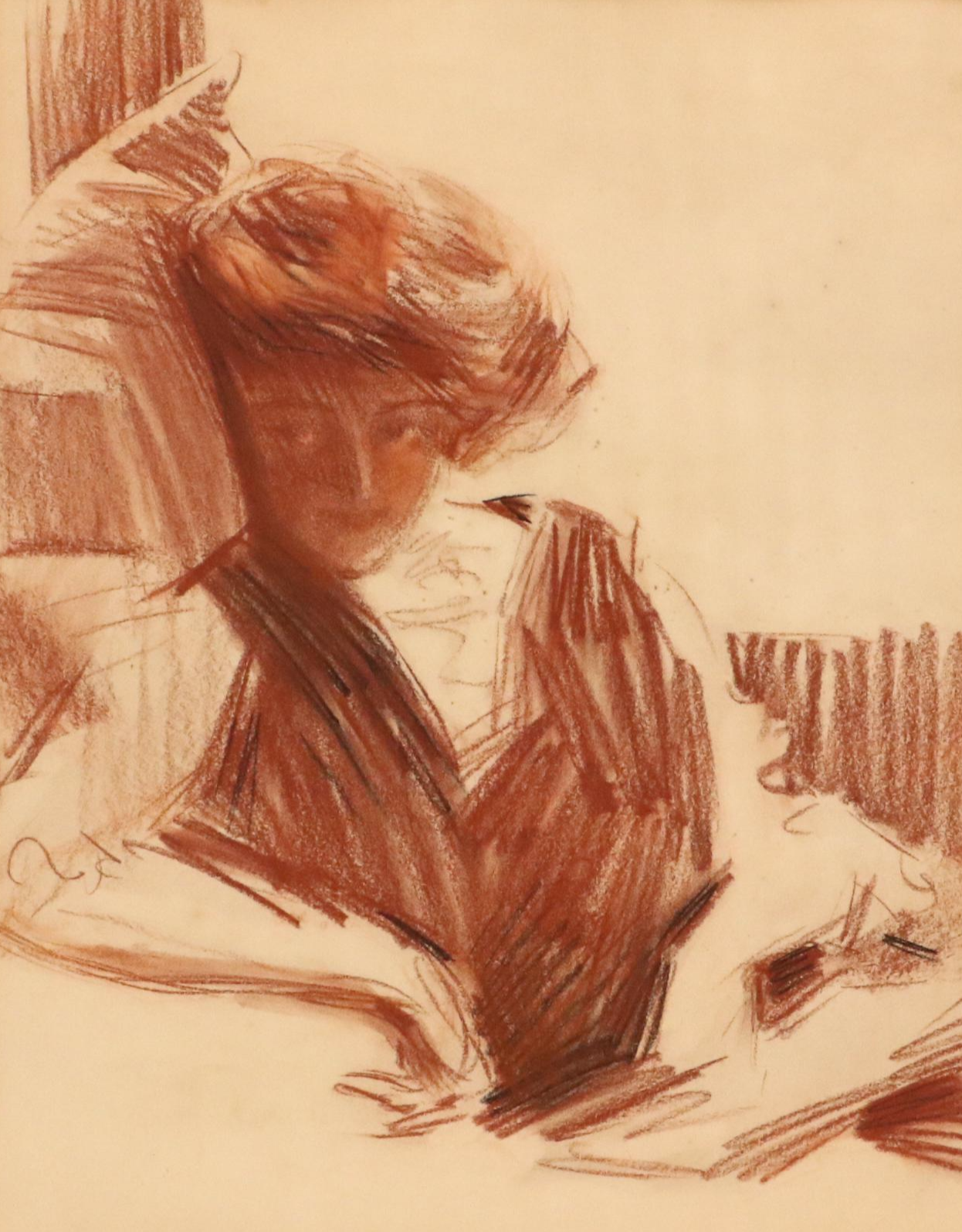 Chalk Pastel Sketch of Lounging Woman, Early 20th Century