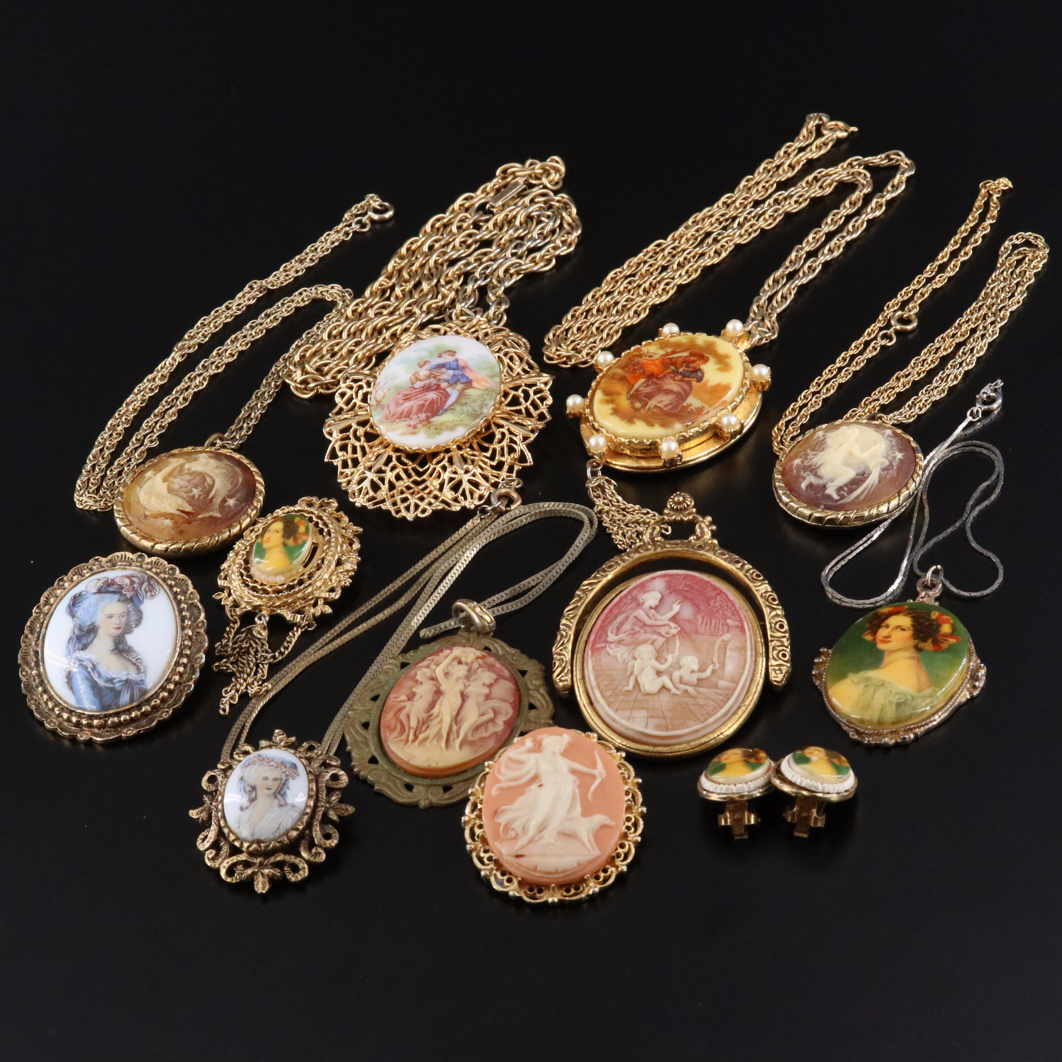 Cameo and Portrait Collection Featuring Brooches, Earrings and Pendant Necklaces