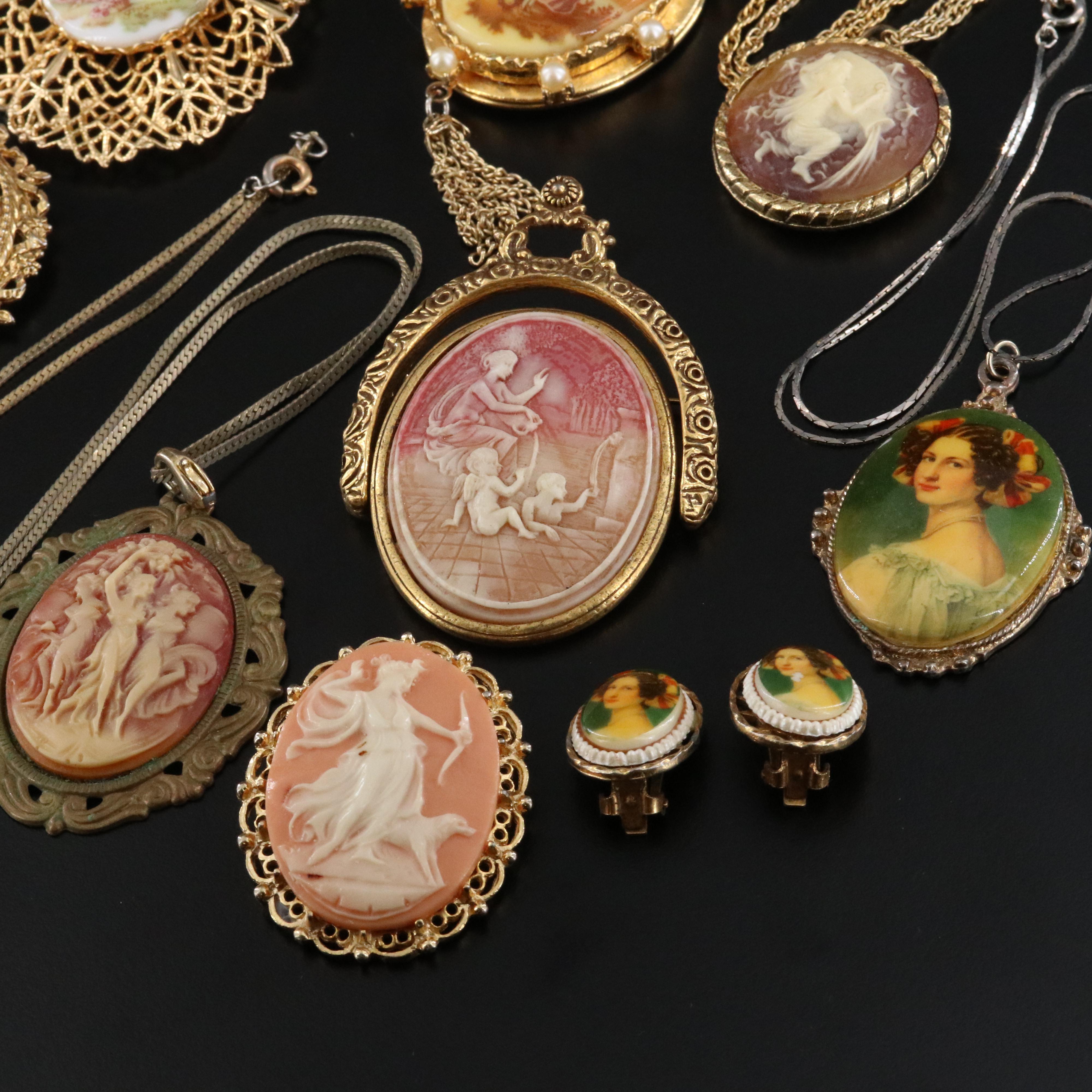 Cameo and Portrait Collection Featuring Brooches, Earrings and Pendant Necklaces