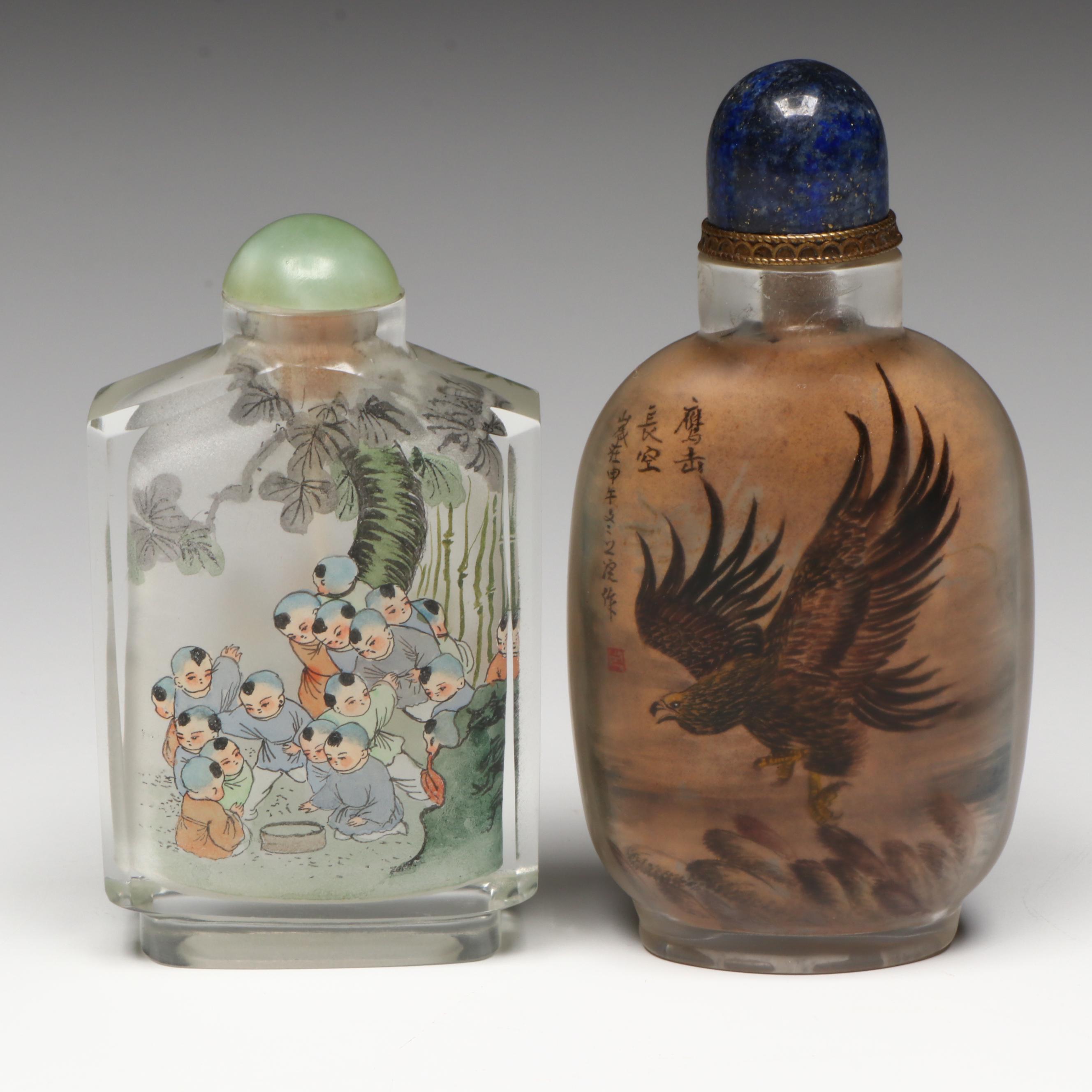 Chinese Reverse-Painted Glass Snuff Bottles with Lapis Lazuli and Serpentine