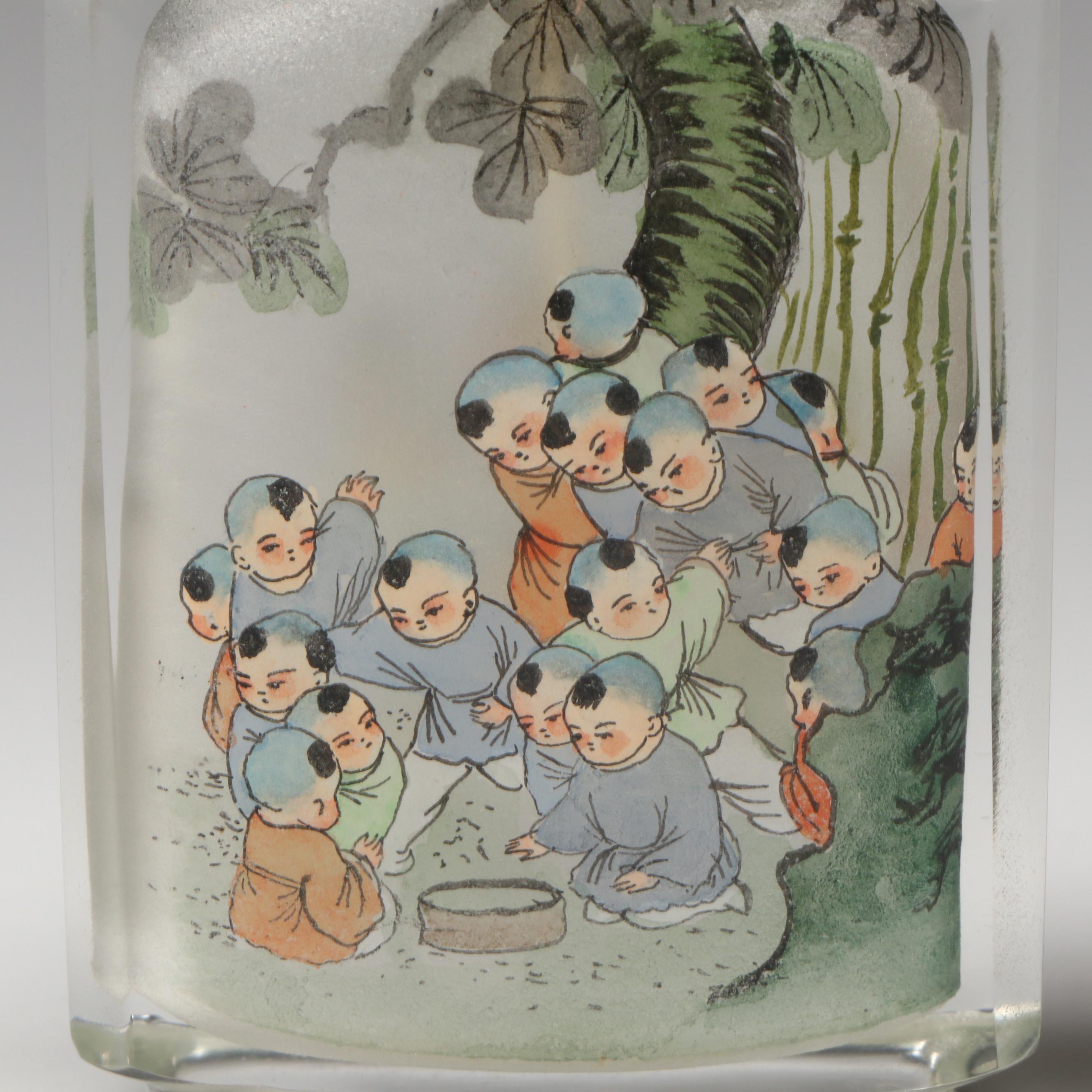 Chinese Reverse-Painted Glass Snuff Bottles with Lapis Lazuli and Serpentine