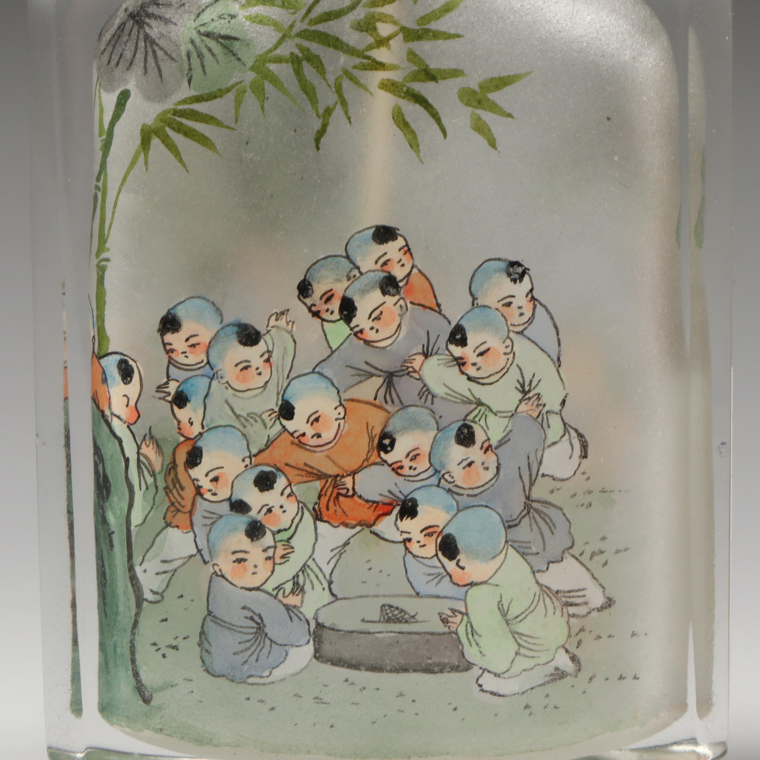 Chinese Reverse-Painted Glass Snuff Bottles with Lapis Lazuli and Serpentine