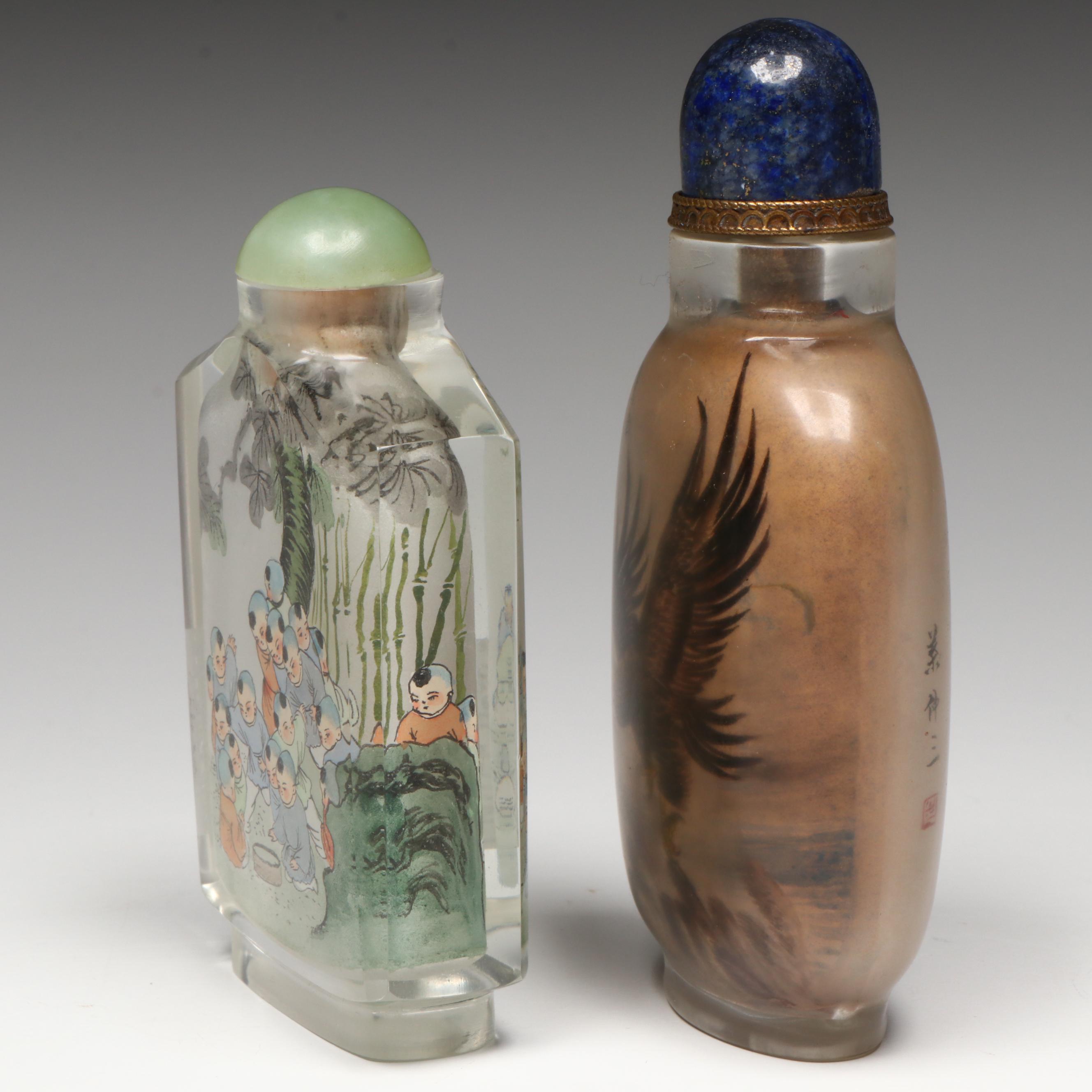 Chinese Reverse-Painted Glass Snuff Bottles with Lapis Lazuli and Serpentine