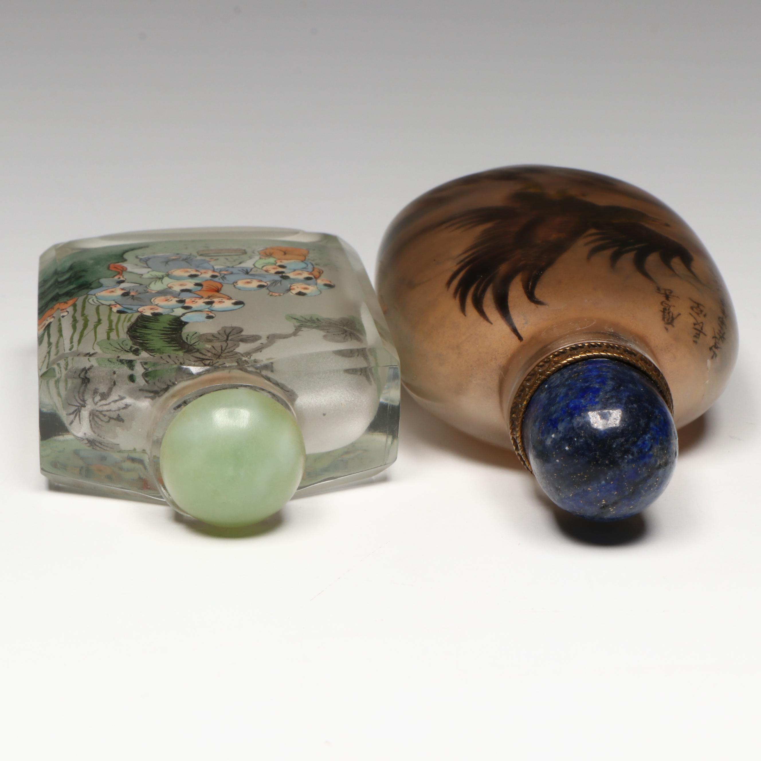 Chinese Reverse-Painted Glass Snuff Bottles with Lapis Lazuli and Serpentine