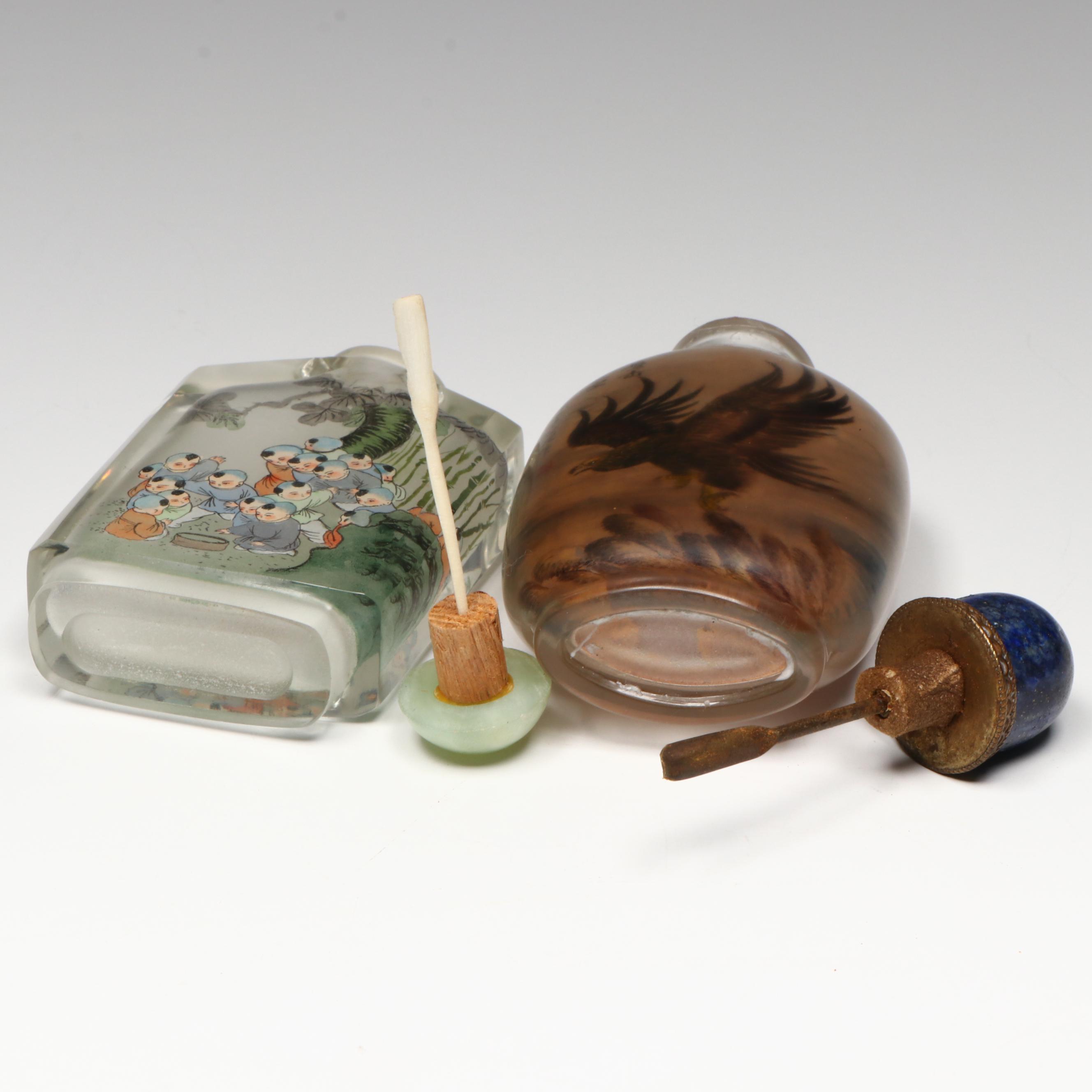 Chinese Reverse-Painted Glass Snuff Bottles with Lapis Lazuli and Serpentine