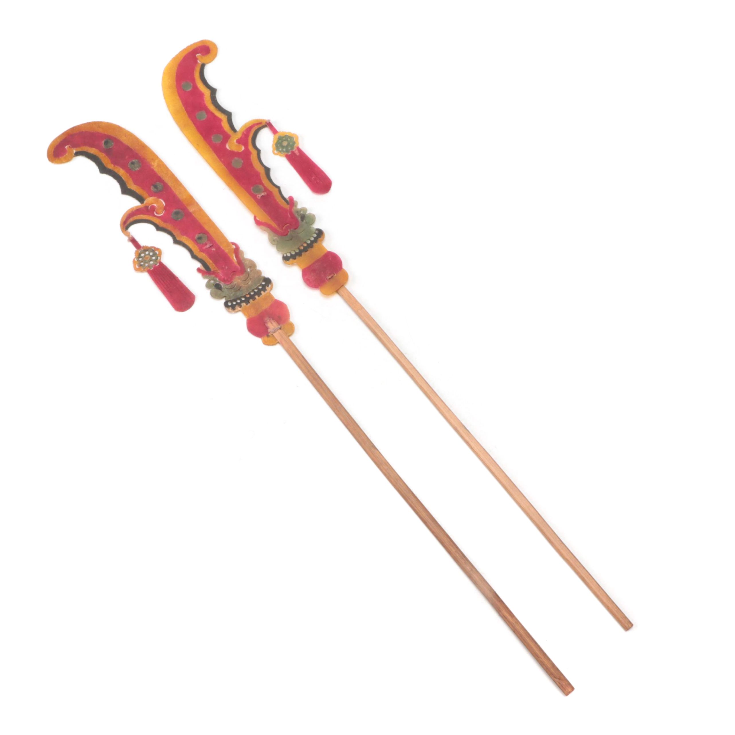Chinese Polearm Vellum Shadow Puppet Props on Wood Sticks, Circa 1870