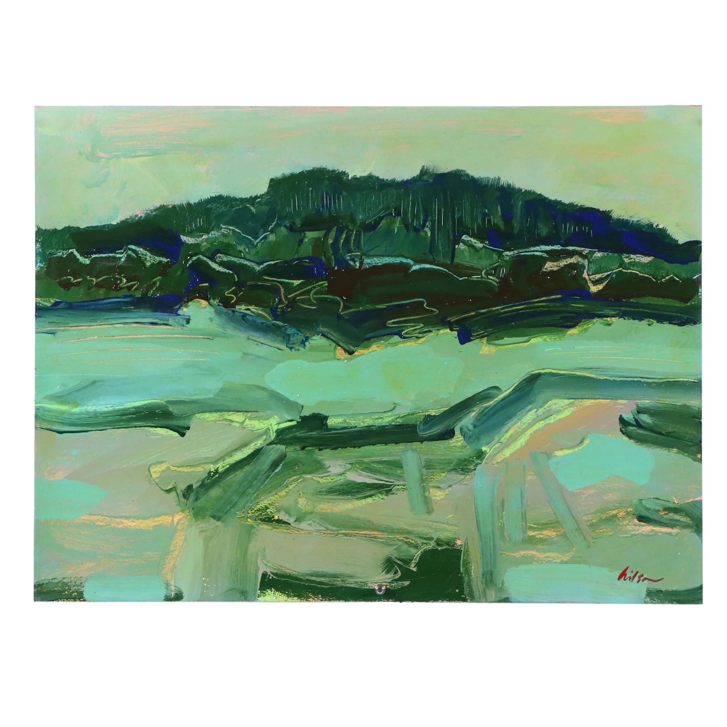 Harry Hilson Expressionist Landscape Acrylic Painting, Late 20th Century