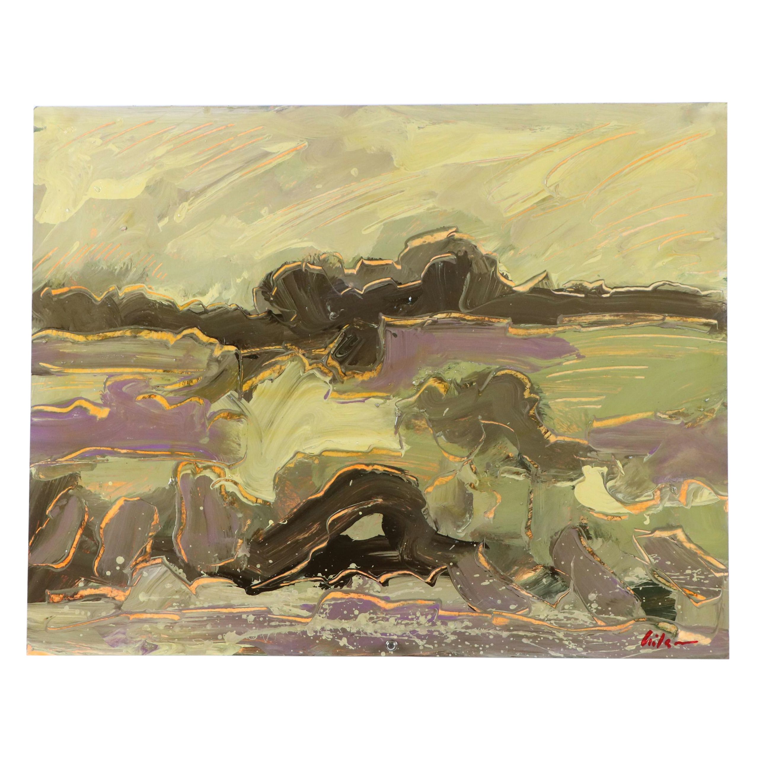 Harry Hilson Expressionist Landscape Acrylic Painting, Late 20th Century