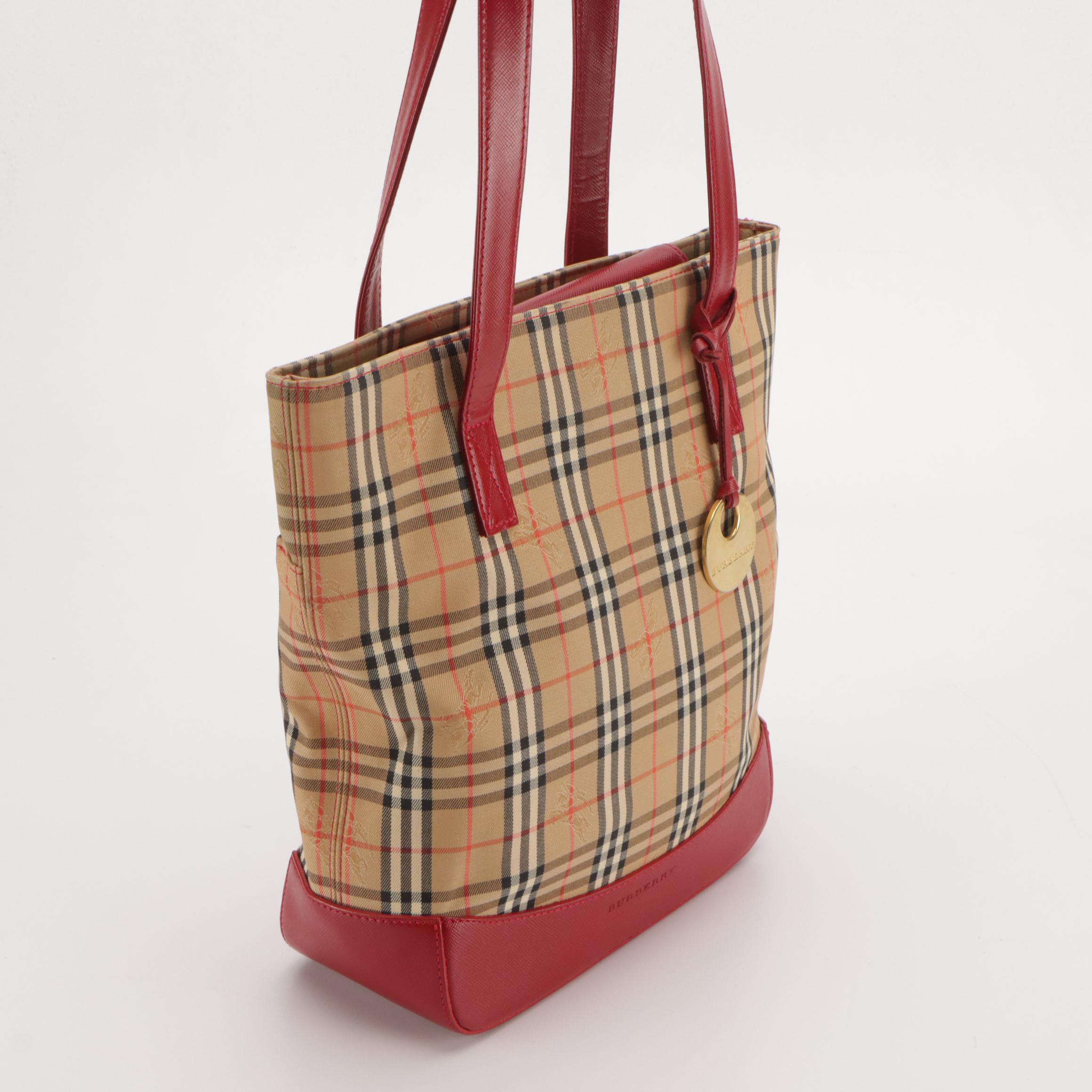 Burberry Shoulder Bag in Haymarket Check Canvas and Red Saffiano Leather Trim