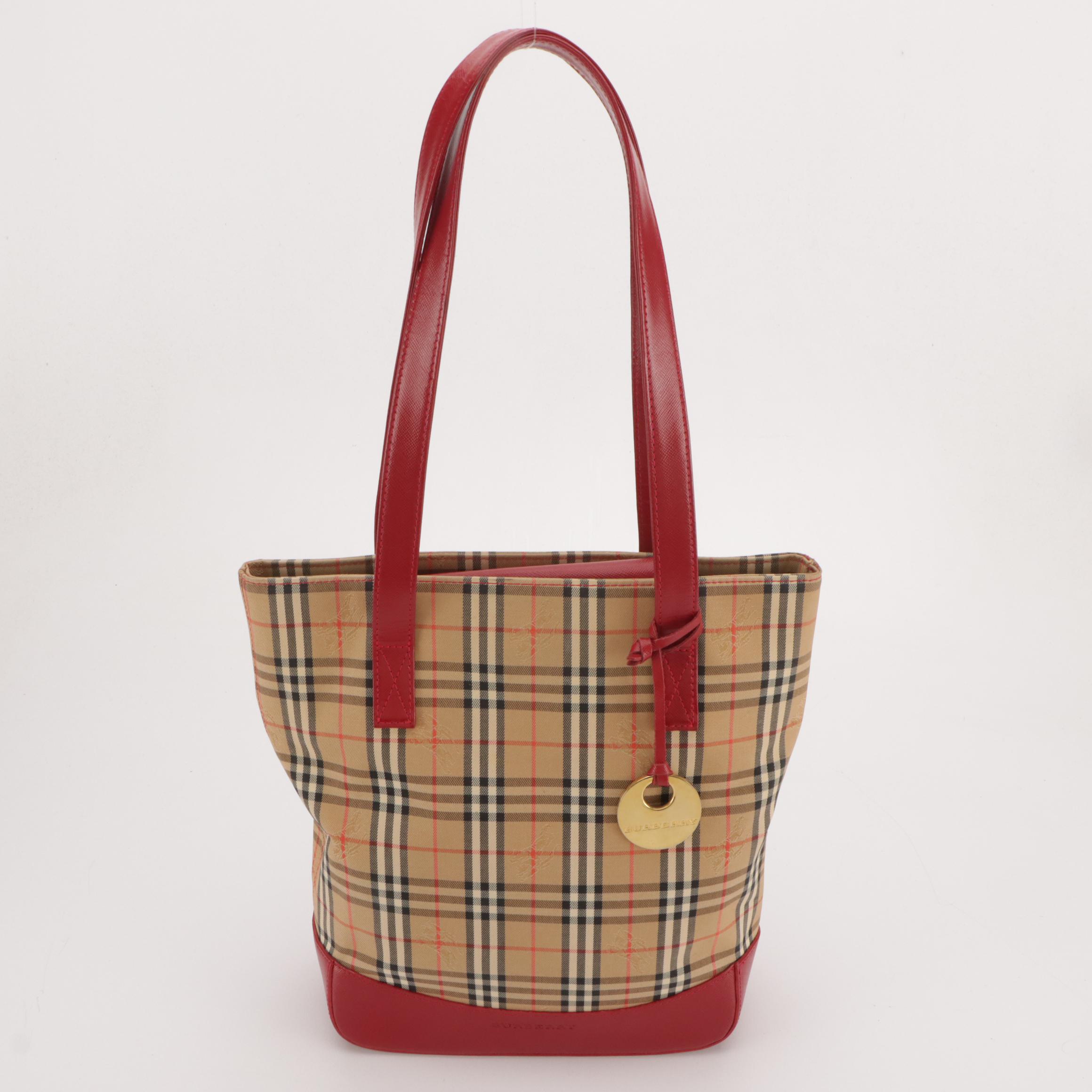 Burberry Shoulder Bag in Haymarket Check Canvas and Red Saffiano Leather Trim
