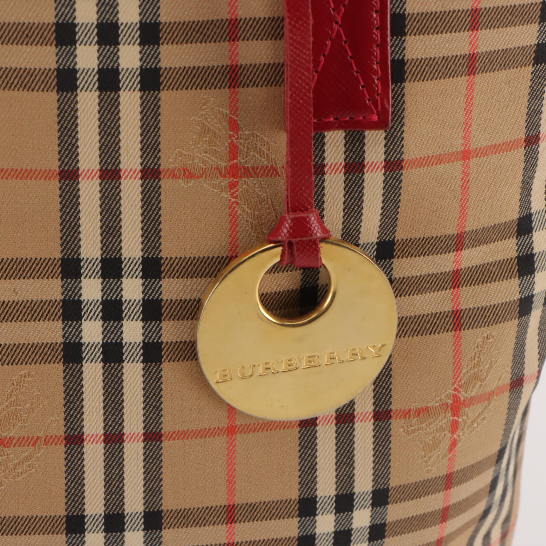 Burberry Shoulder Bag in Haymarket Check Canvas and Red Saffiano Leather Trim