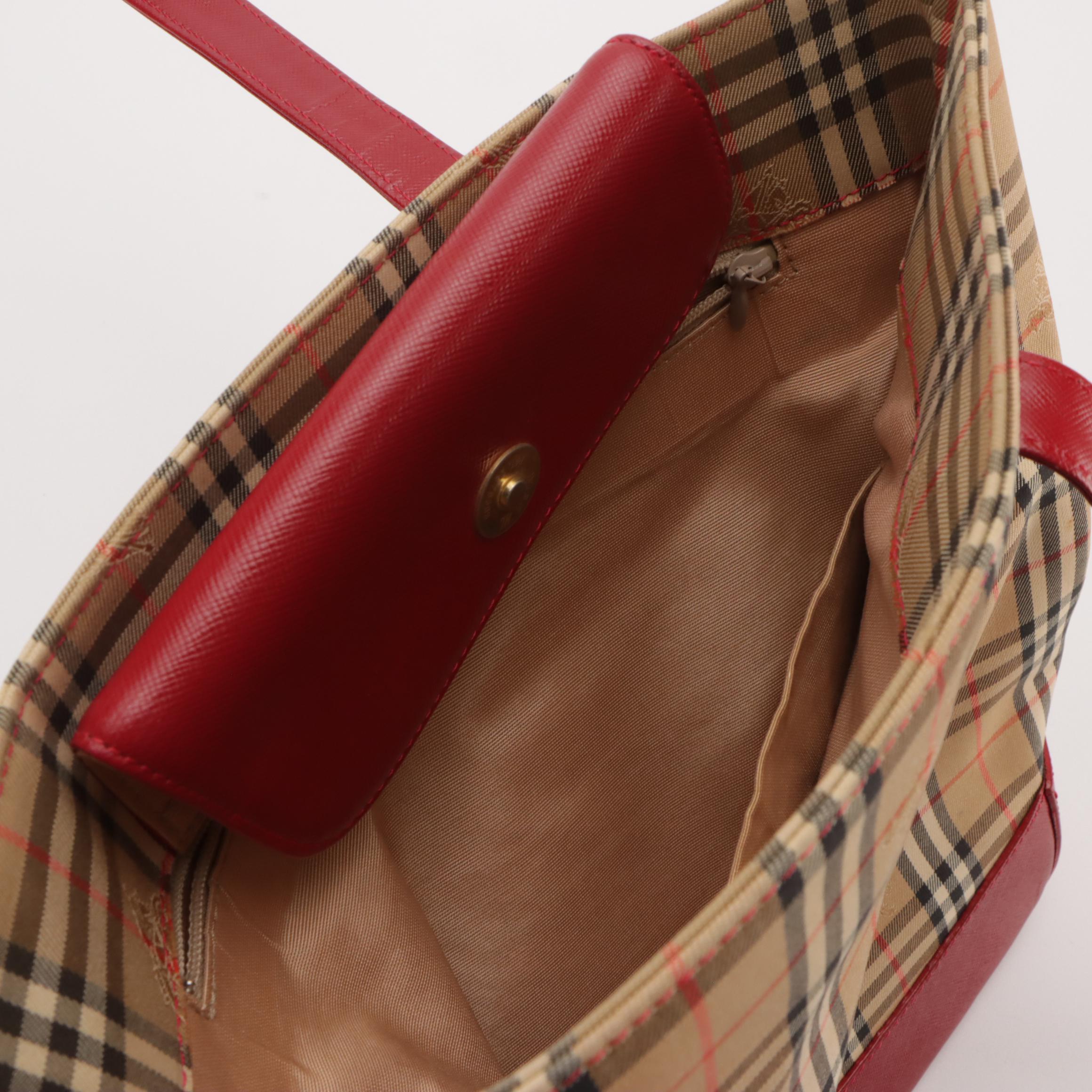 Burberry Shoulder Bag in Haymarket Check Canvas and Red Saffiano Leather Trim