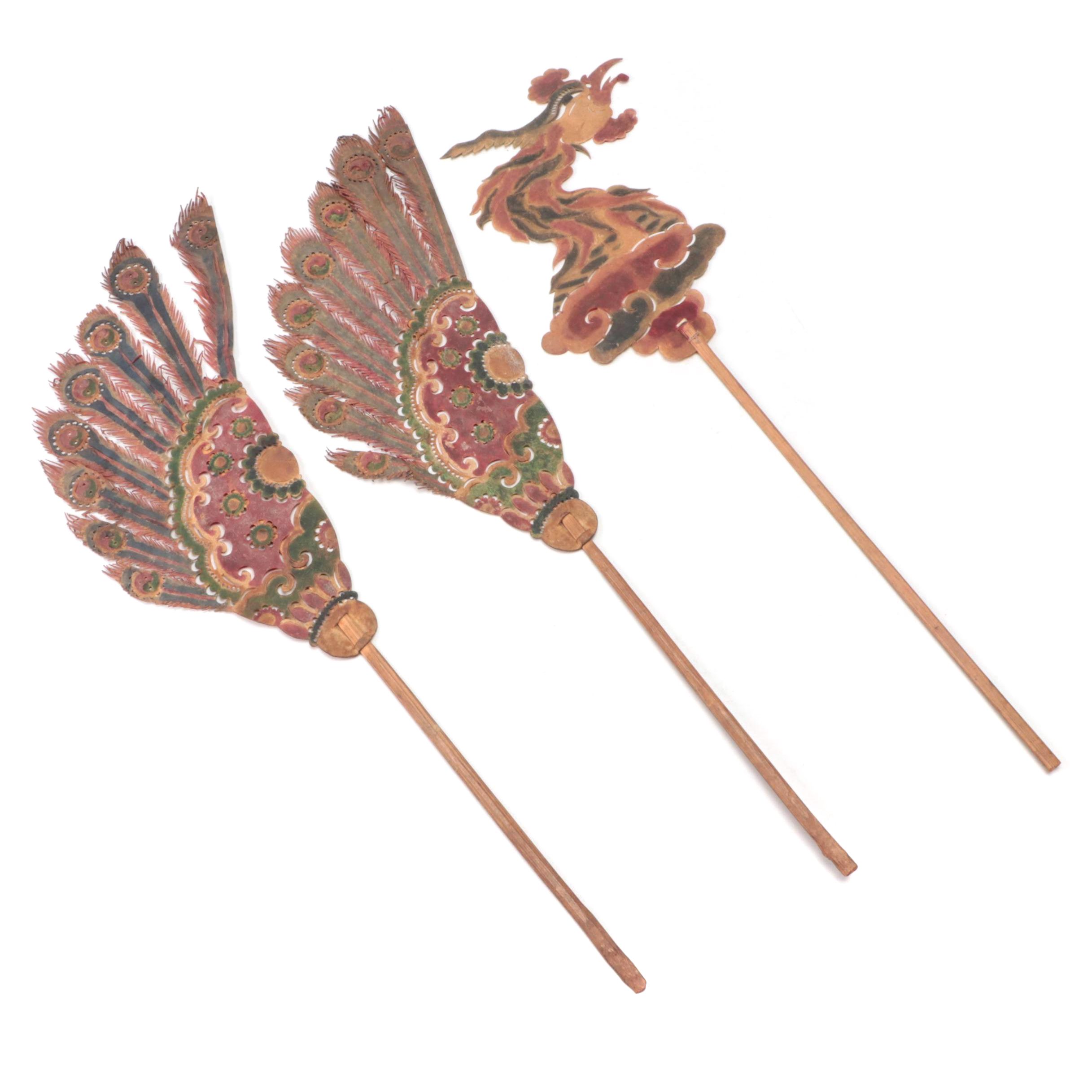 Chinese Phoenix with Wings Vellum Shadow Puppet on Wood Sticks, Circa 1870
