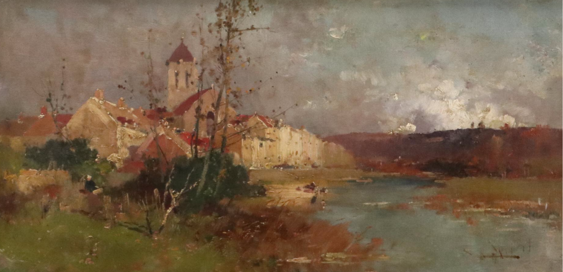 Impressionistic Landscape Oil Painting of Church, Circa 1940