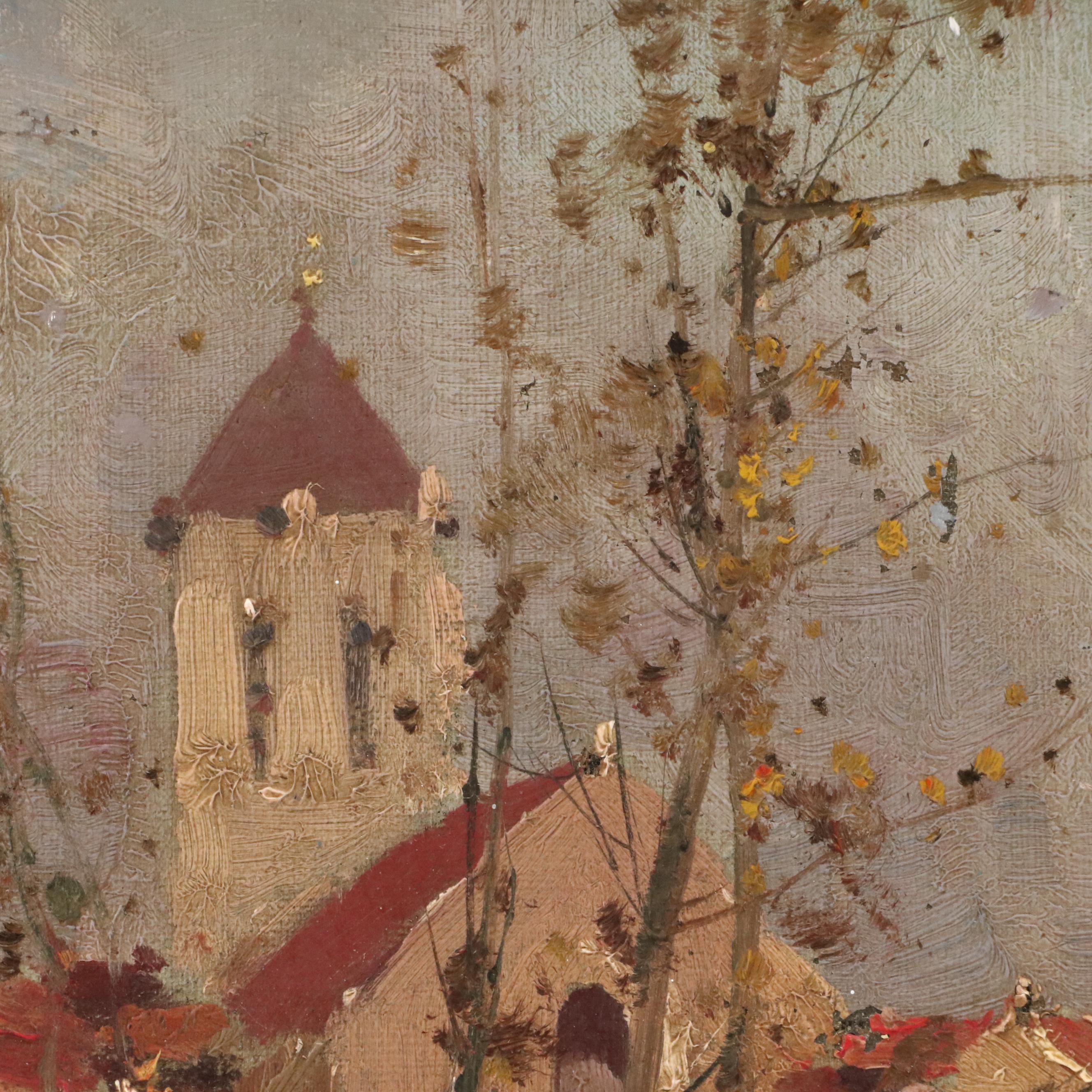 Impressionistic Landscape Oil Painting of Church, Circa 1940