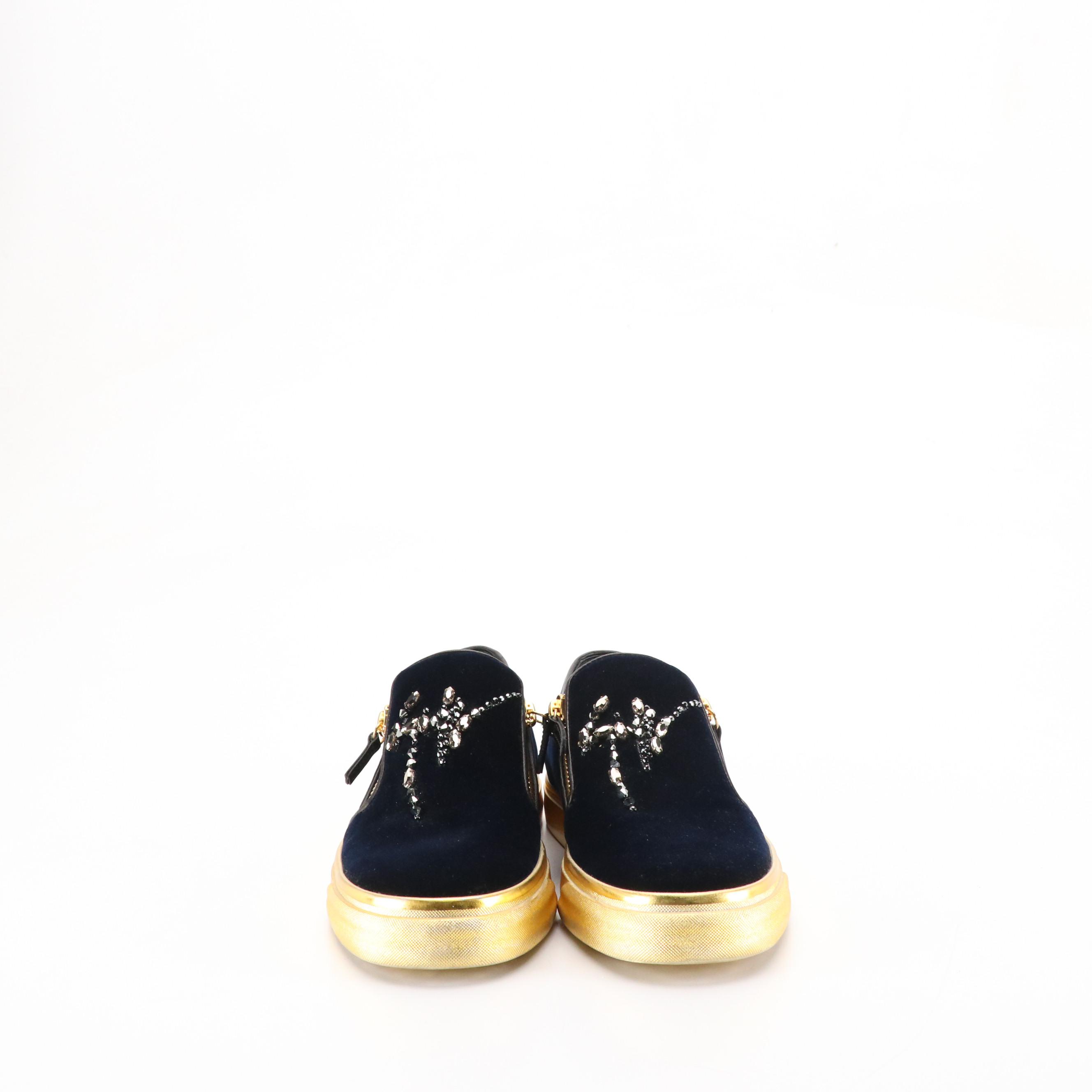 Giuseppe Zanotti Embellished Velvet Slip On Sneakers with Metallic Soles