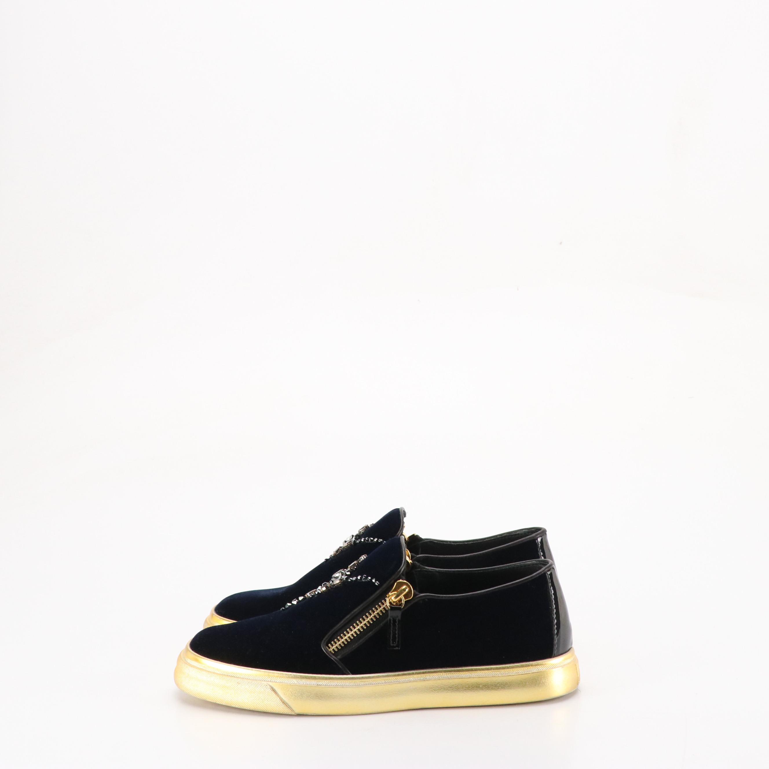 Giuseppe Zanotti Embellished Velvet Slip On Sneakers with Metallic Soles
