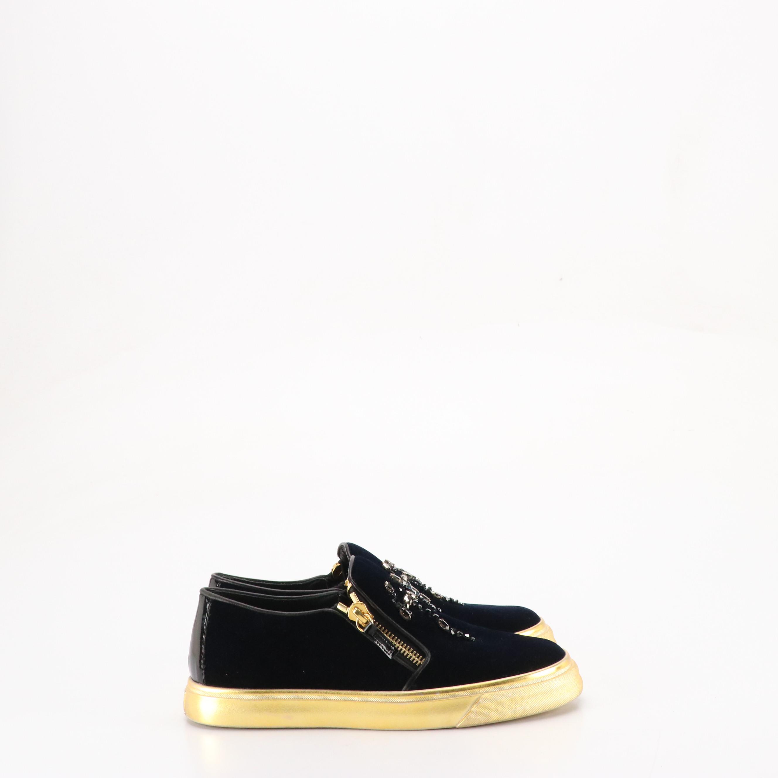 Giuseppe Zanotti Embellished Velvet Slip On Sneakers with Metallic Soles