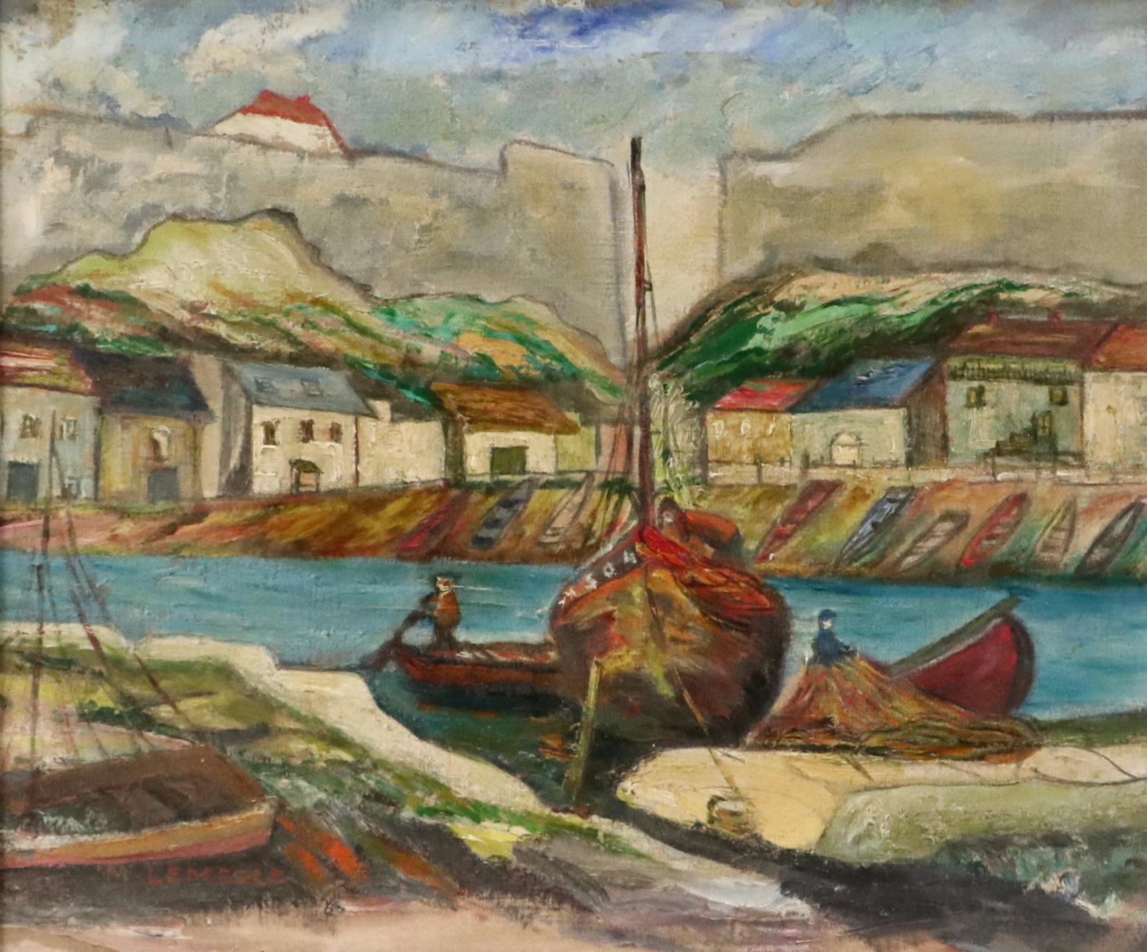 Impressionistic Oil Painting of Harbor Scene, Mid-20th Century
