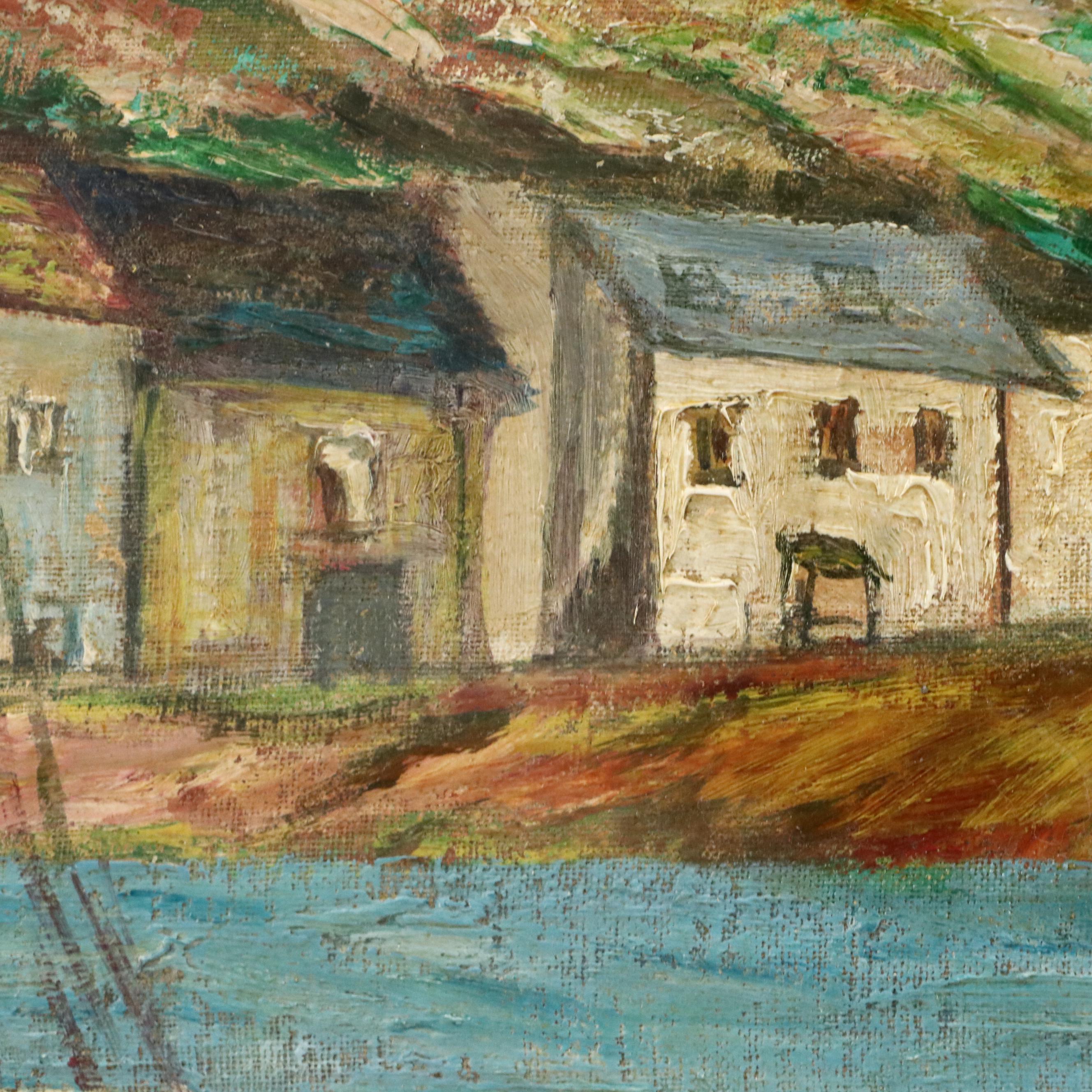 Impressionistic Oil Painting of Harbor Scene, Mid-20th Century