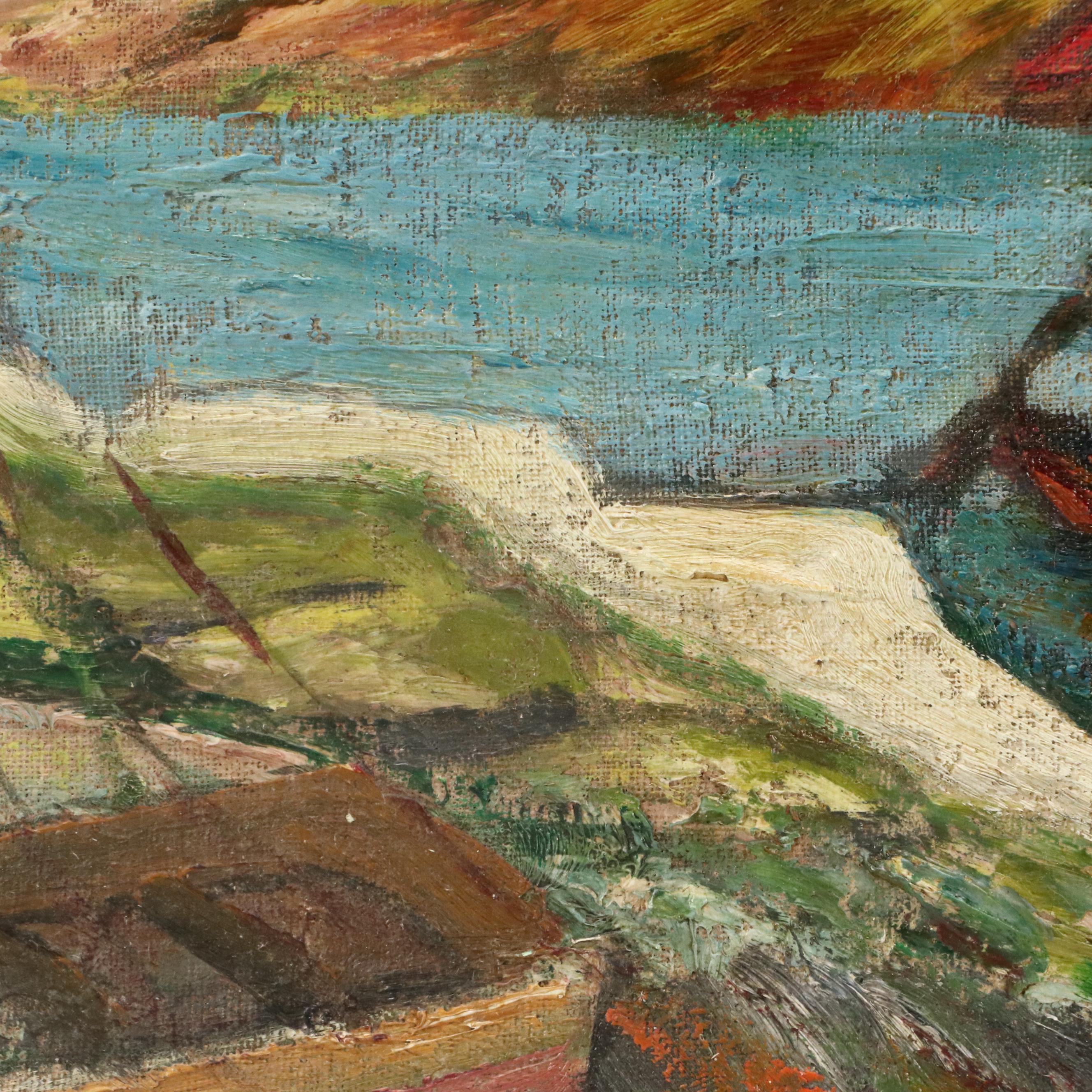 Impressionistic Oil Painting of Harbor Scene, Mid-20th Century