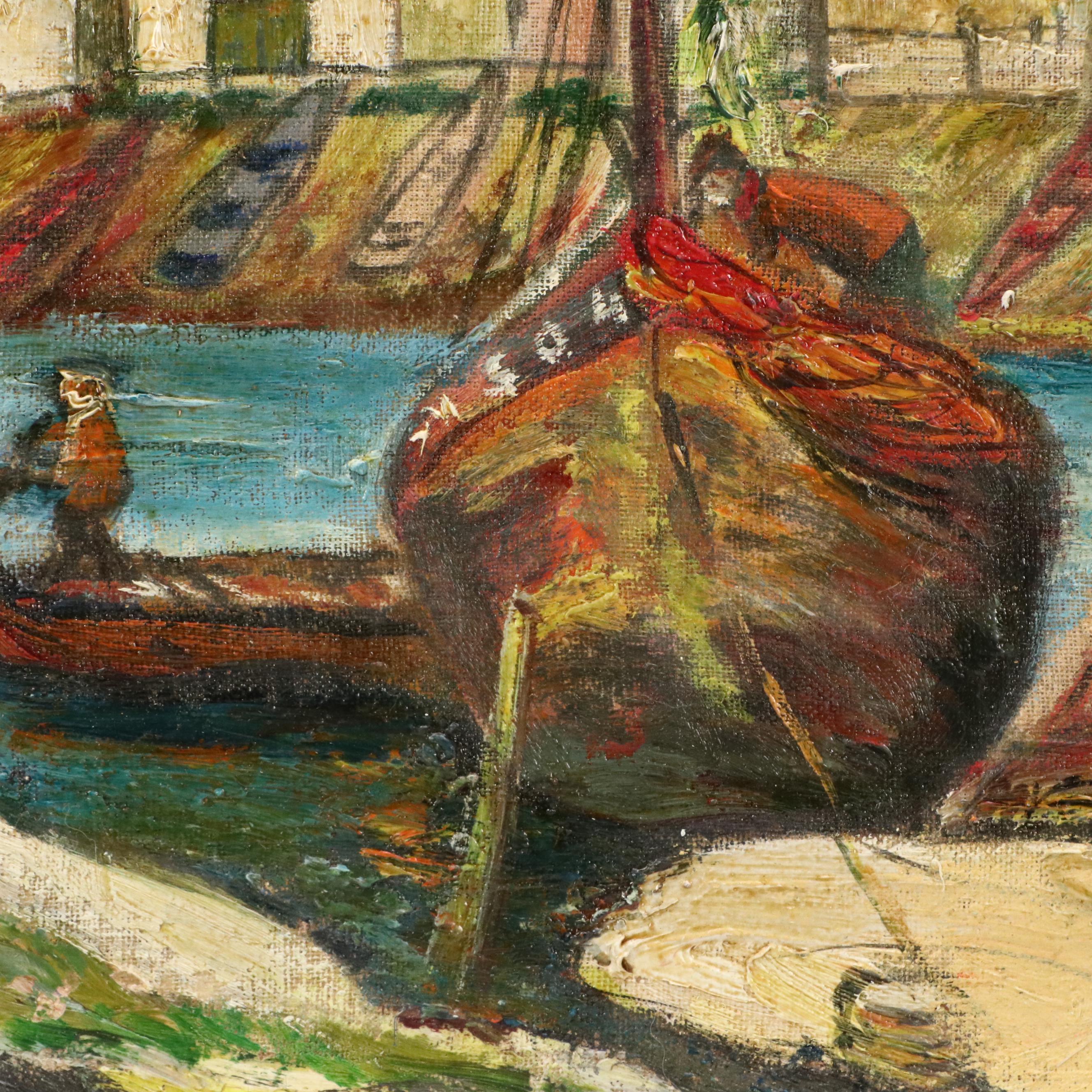 Impressionistic Oil Painting of Harbor Scene, Mid-20th Century