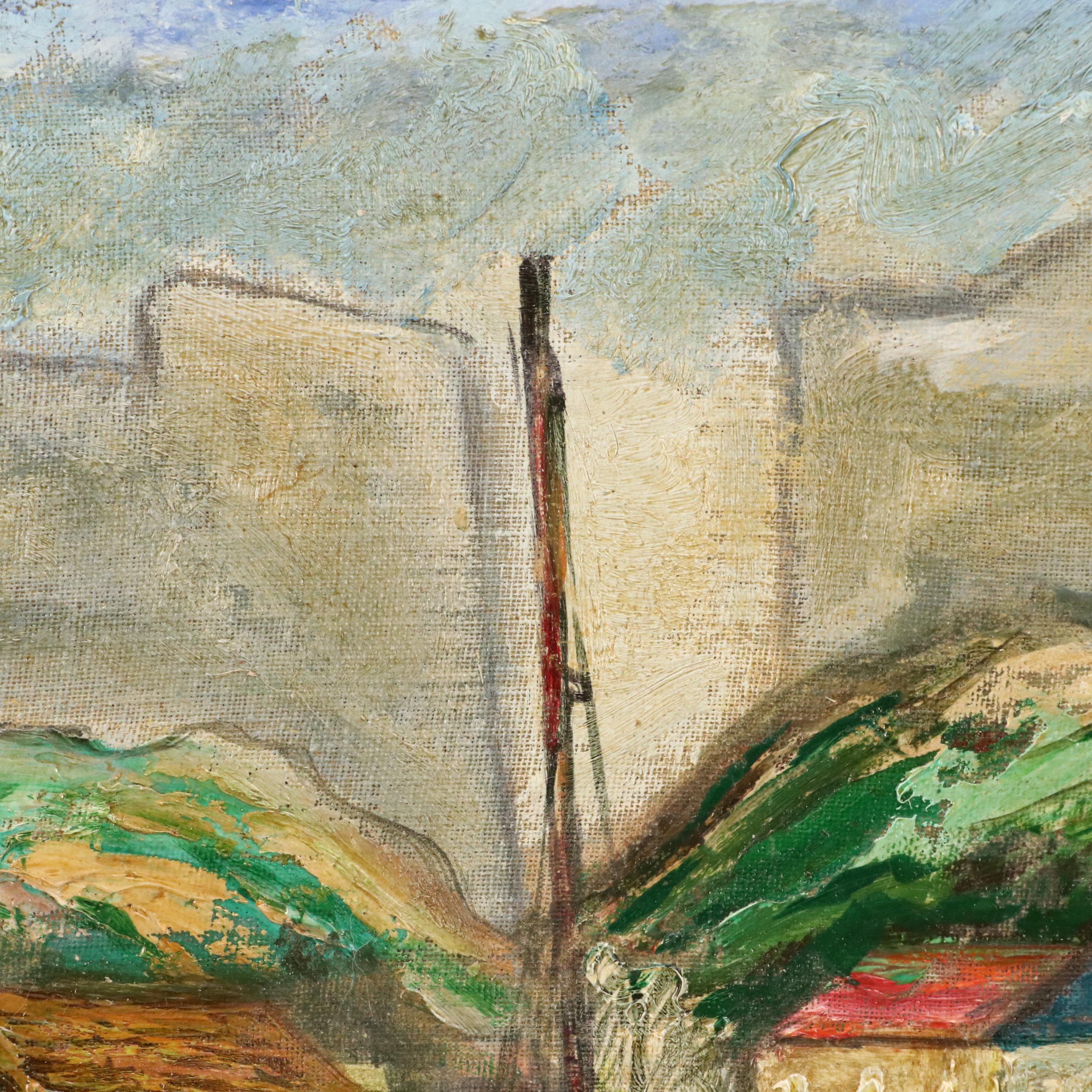 Impressionistic Oil Painting of Harbor Scene, Mid-20th Century