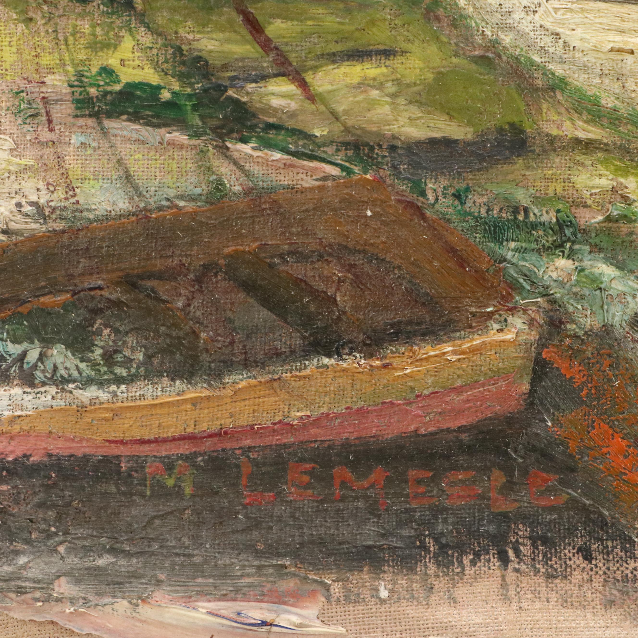 Impressionistic Oil Painting of Harbor Scene, Mid-20th Century