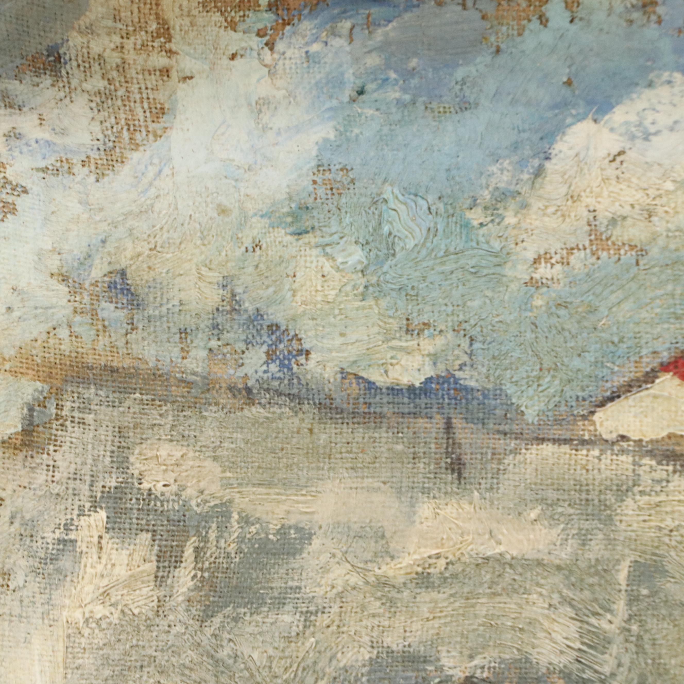 Impressionistic Oil Painting of Harbor Scene, Mid-20th Century