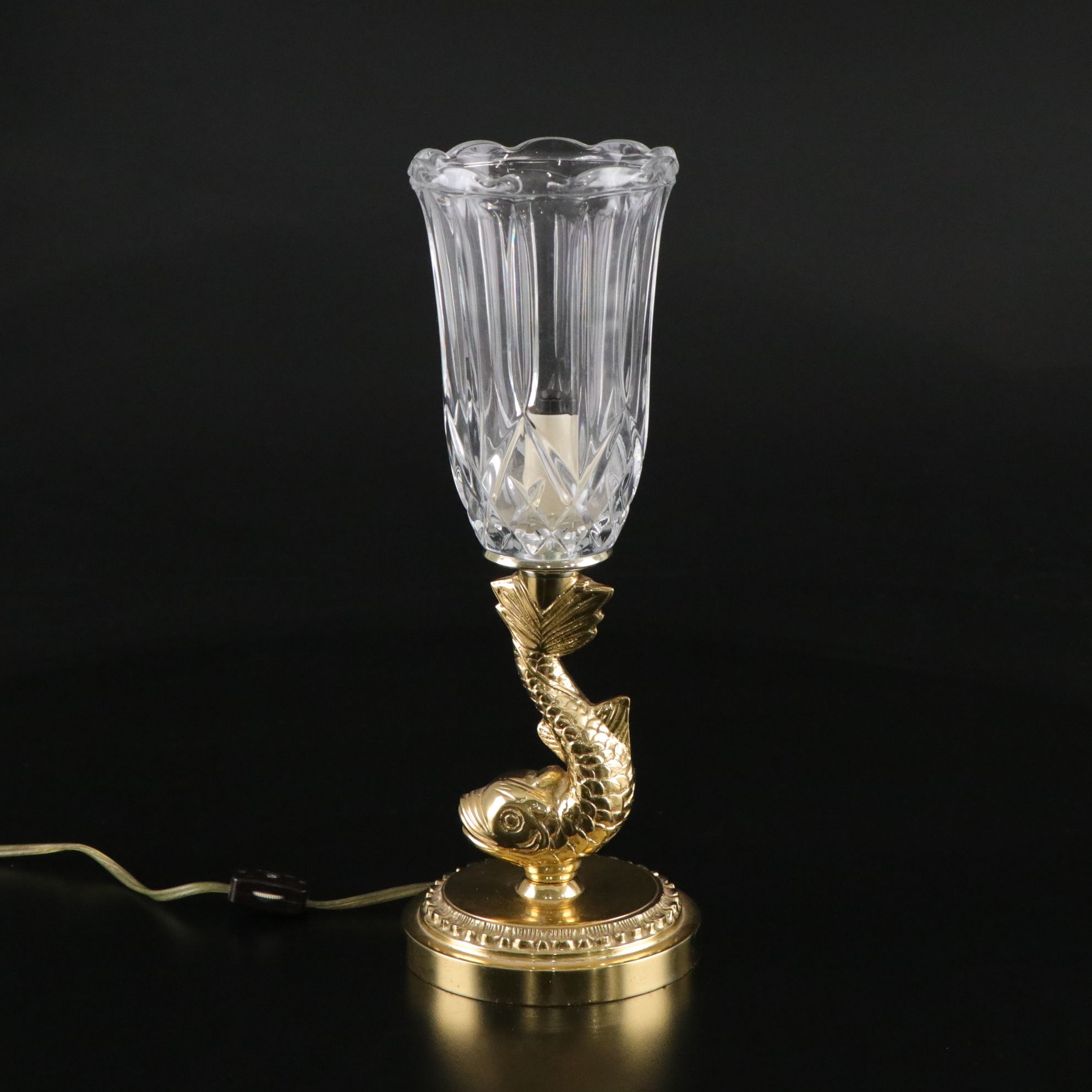 Brass Rococo Style Dolphin Lamp with Glass Tulip Shade, 1960-70s