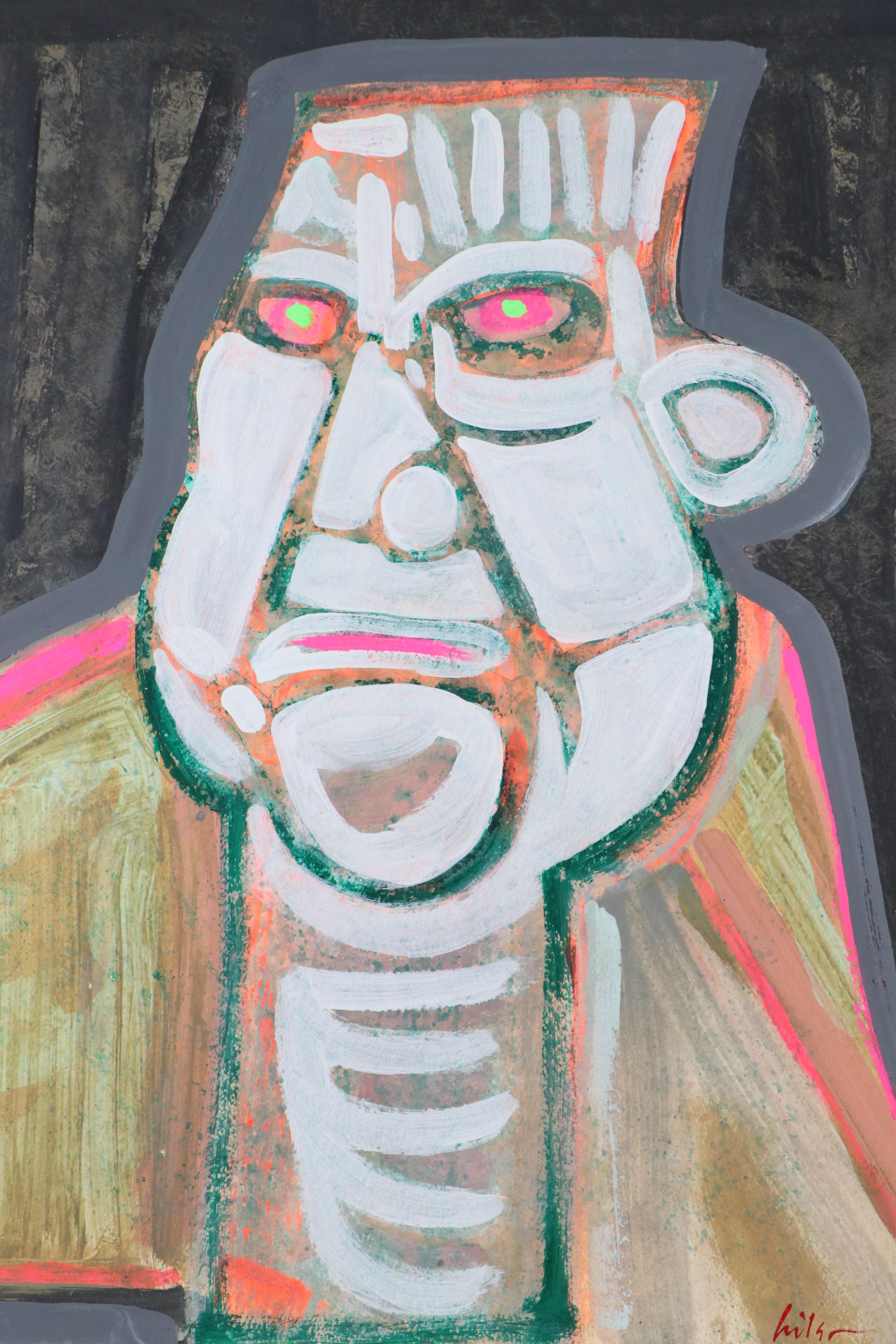 Harry Hilson Acrylic Painting of Stylized Portrait, Late 20th Century