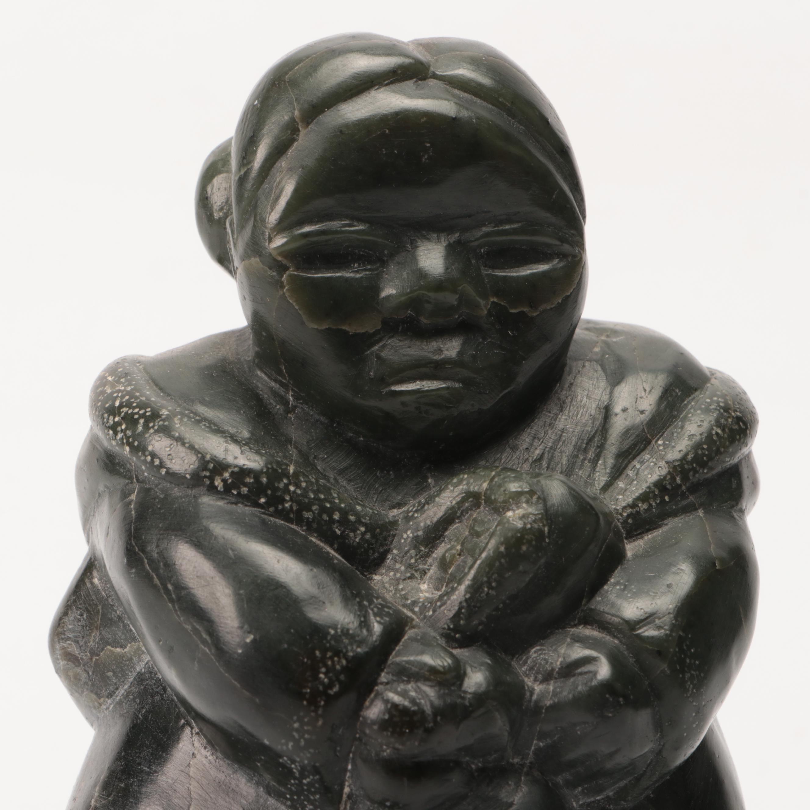 Inuit Soapstone Carved Figure of Mother with Child