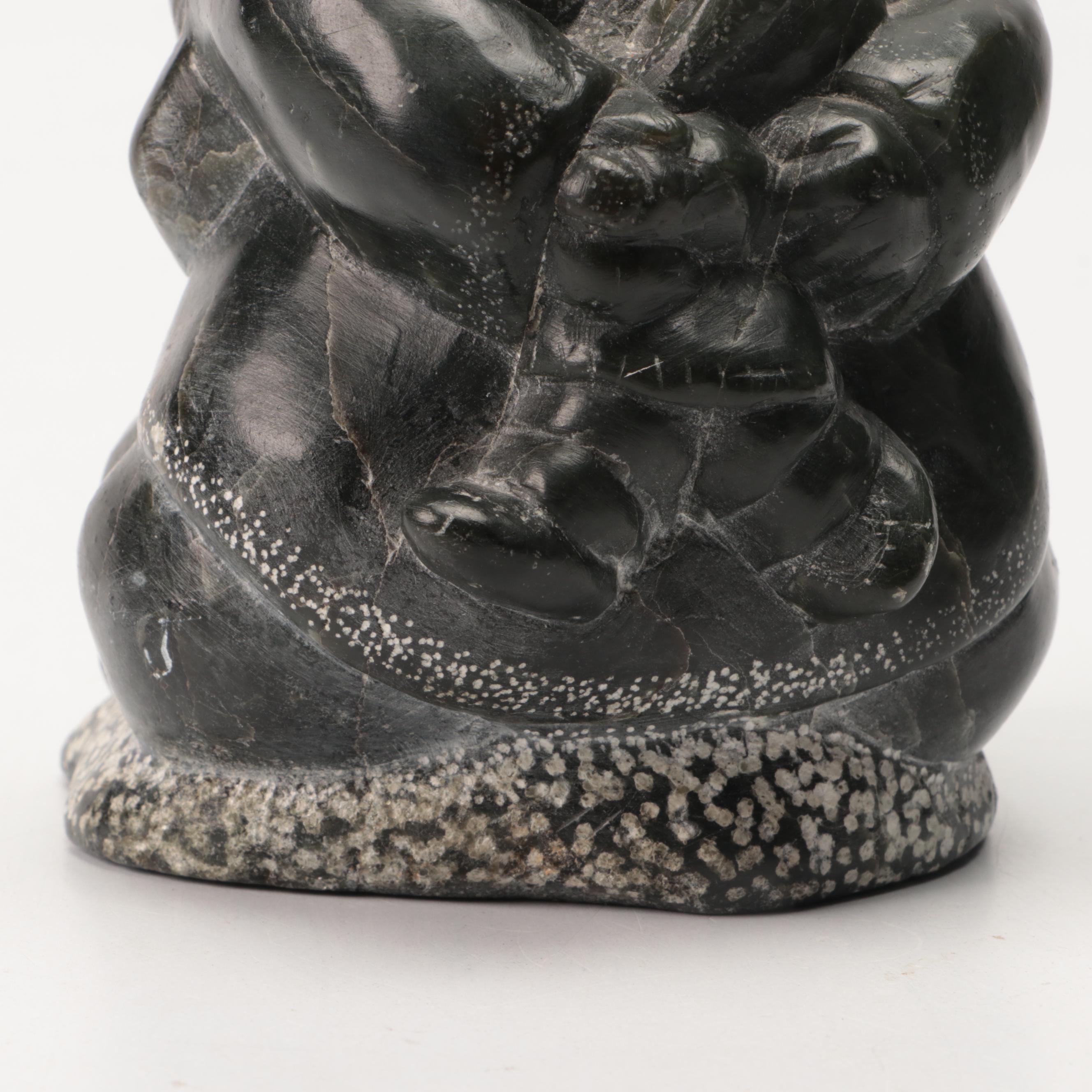 Inuit Soapstone Carved Figure of Mother with Child