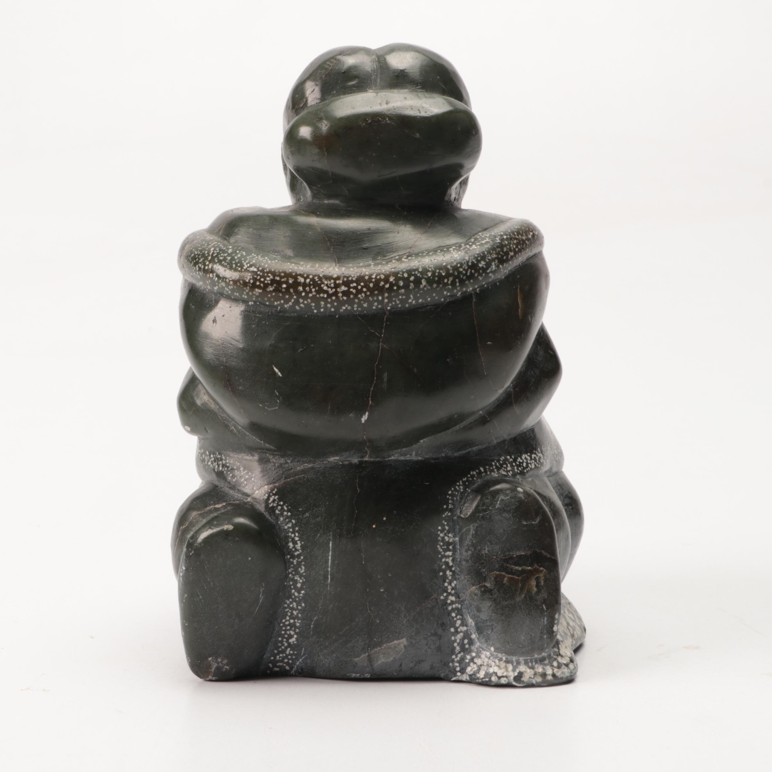 Inuit Soapstone Carved Figure of Mother with Child