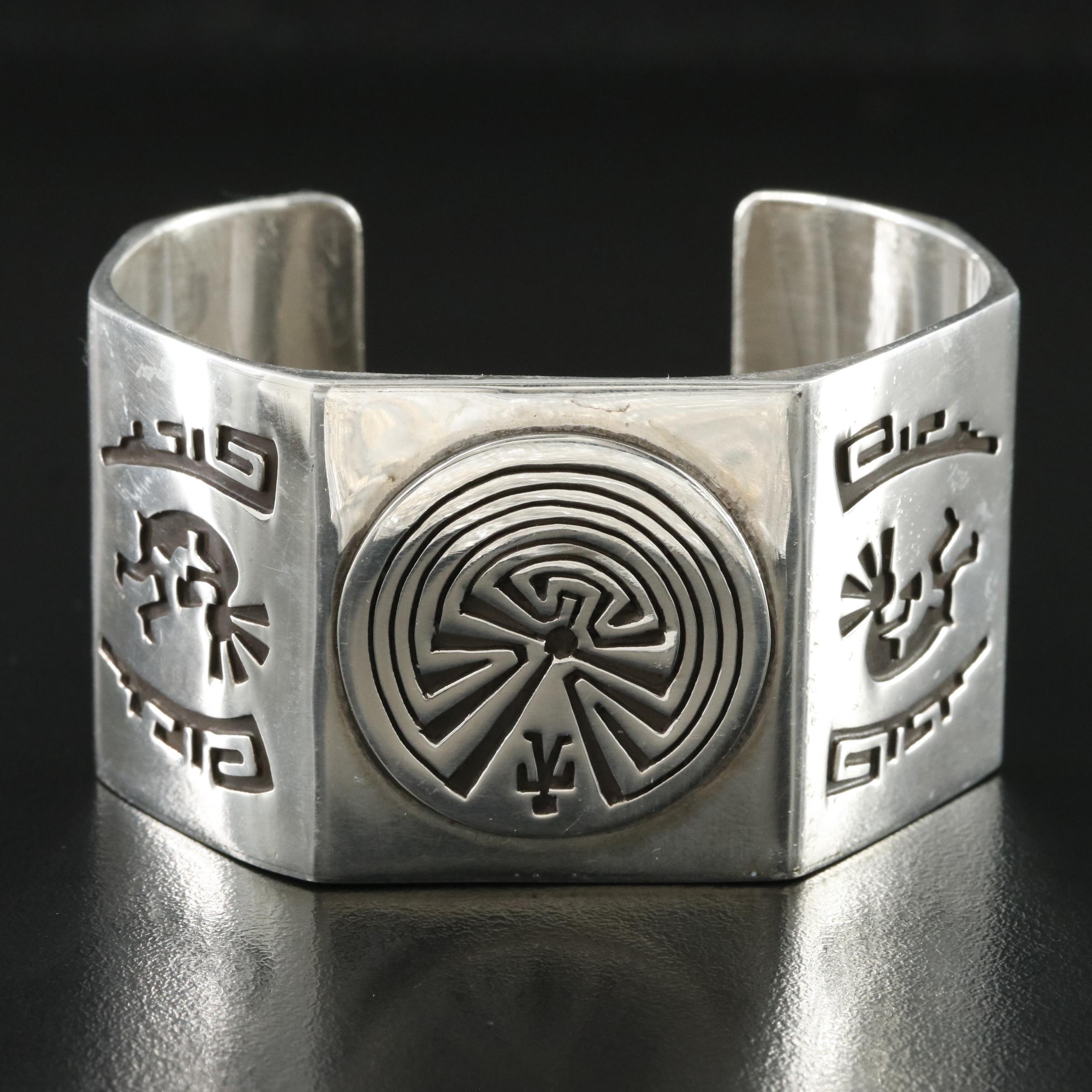 Southwestern Bernard Barton Sterling Kokopelli & Man in the Maze Overlay Cuff