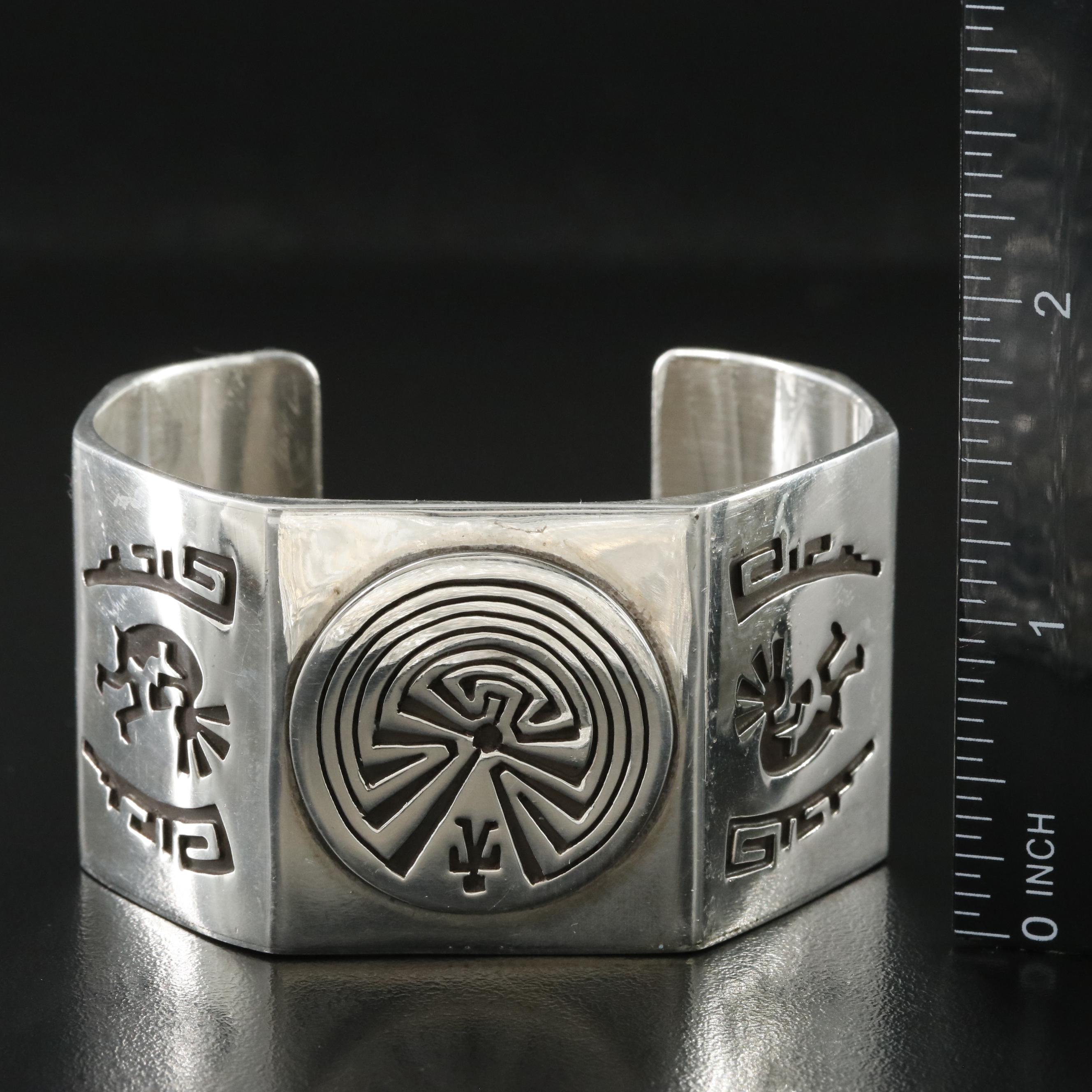 Southwestern Bernard Barton Sterling Kokopelli & Man in the Maze Overlay Cuff