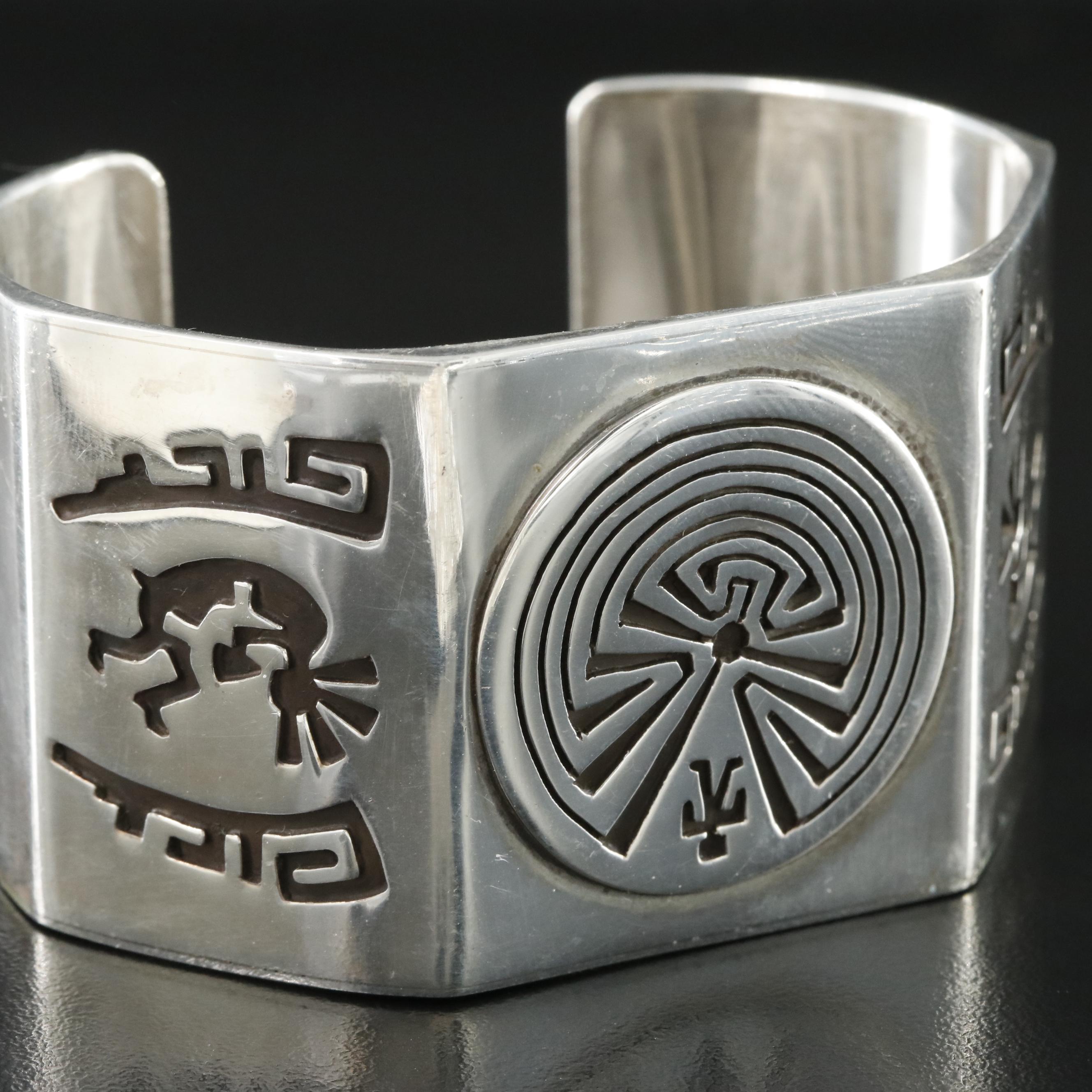 Southwestern Bernard Barton Sterling Kokopelli & Man in the Maze Overlay Cuff